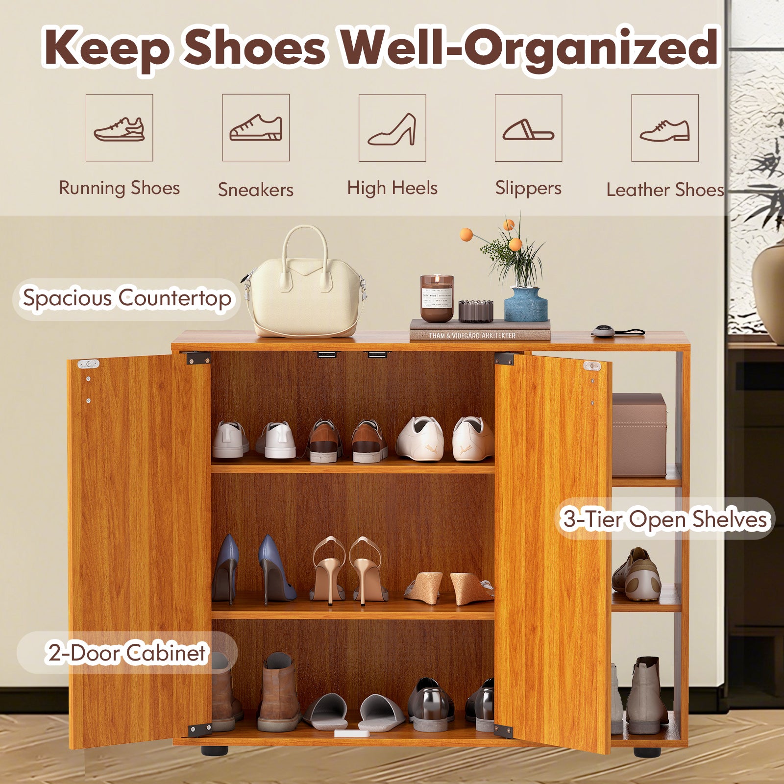 3-Tier Shoe Cabinet With Doors, Adjustable Open Shelves, Natural Shoe Racks & Storage Benches at Gallery Canada