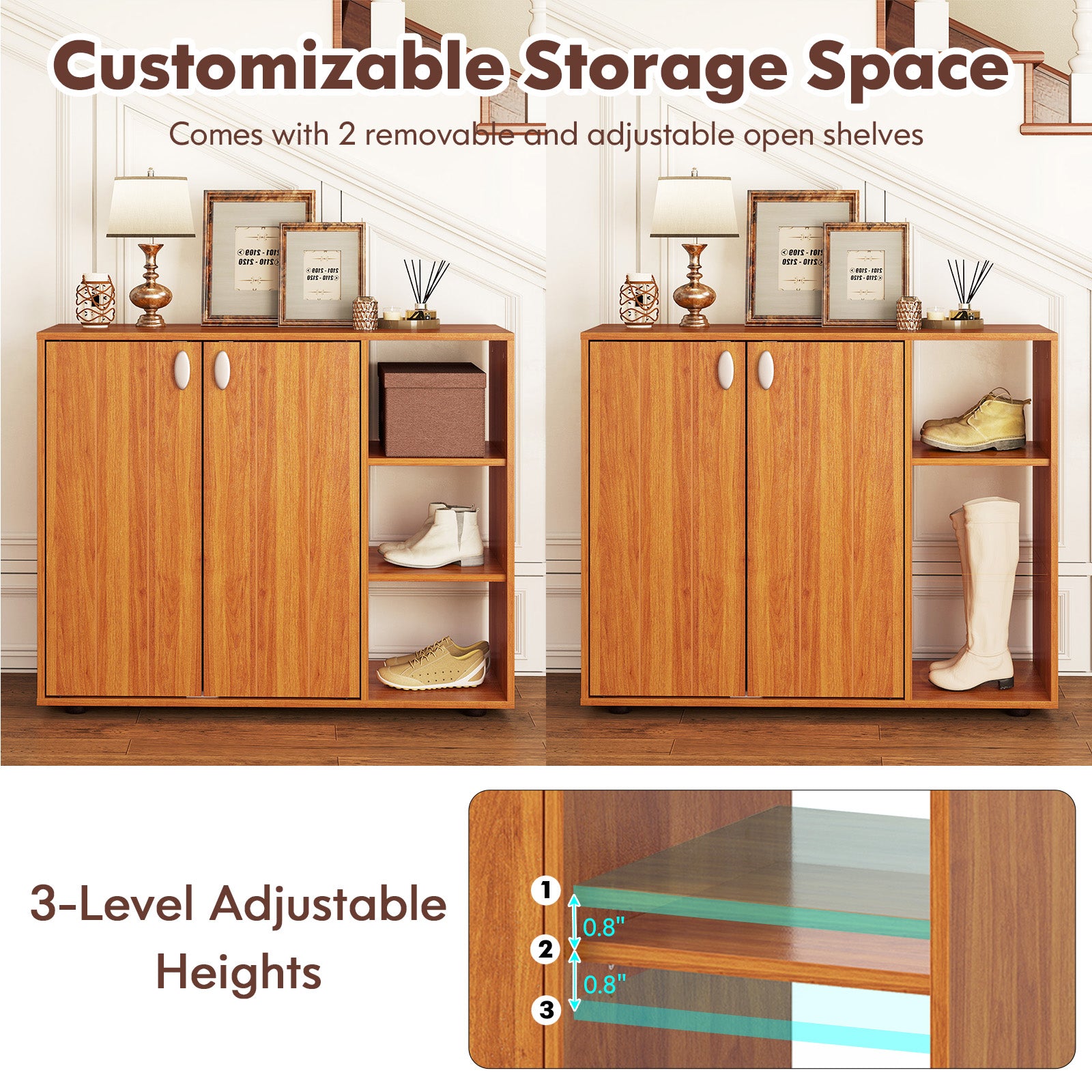 3-Tier Shoe Cabinet With Doors, Adjustable Open Shelves, Natural Shoe Racks & Storage Benches at Gallery Canada