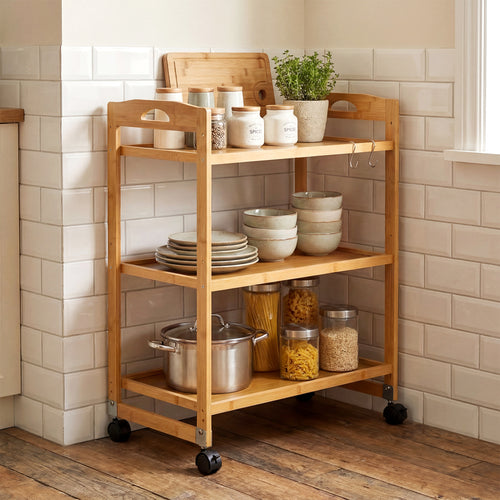 3-Tier Rolling Cart, Bamboo Utility Cart, 4 Universal Wheels, Natural