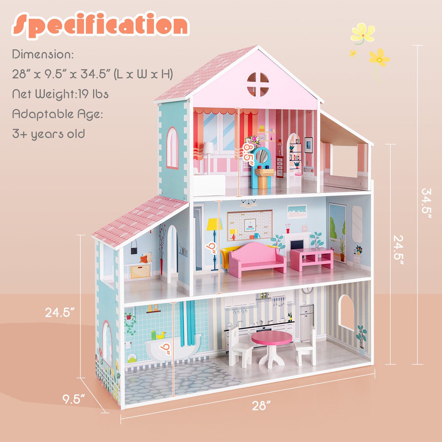 3-Tier Toddler Doll House With Furniture, Age 3+, Multicolor Play Tents & Playhouse at Gallery Canada