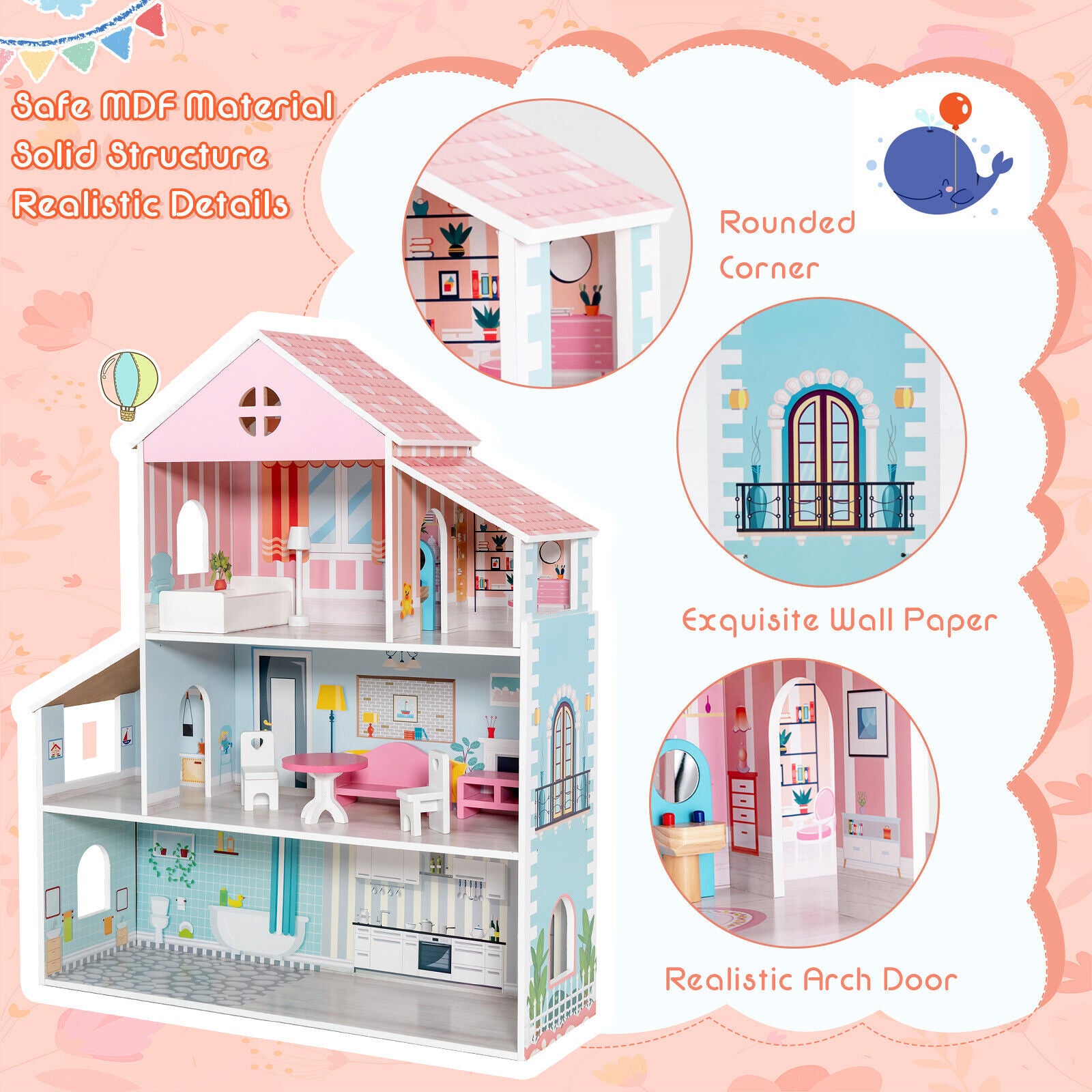 3-Tier Toddler Doll House With Furniture, Age 3+, Multicolor Play Tents & Playhouse at Gallery Canada