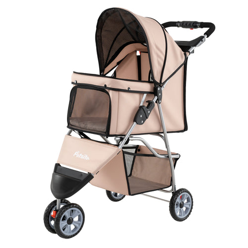 3 Wheel Pet Stroller For Small Dogs Cats Up To 33 Lbs, Beige