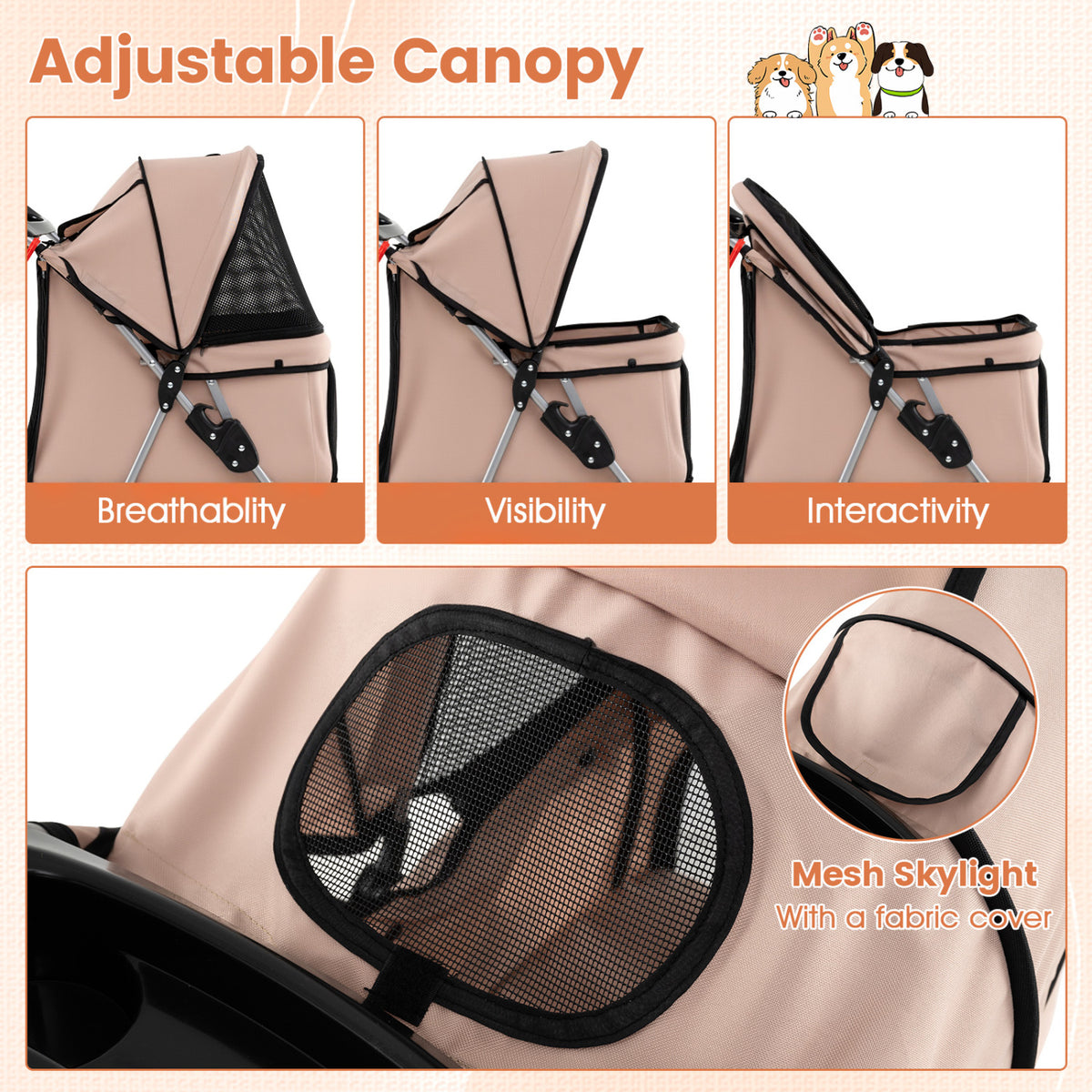 3 Wheel Pet Stroller For Small Dogs Cats Up To 33 Lbs, Beige Cat Supplies at Gallery Canada