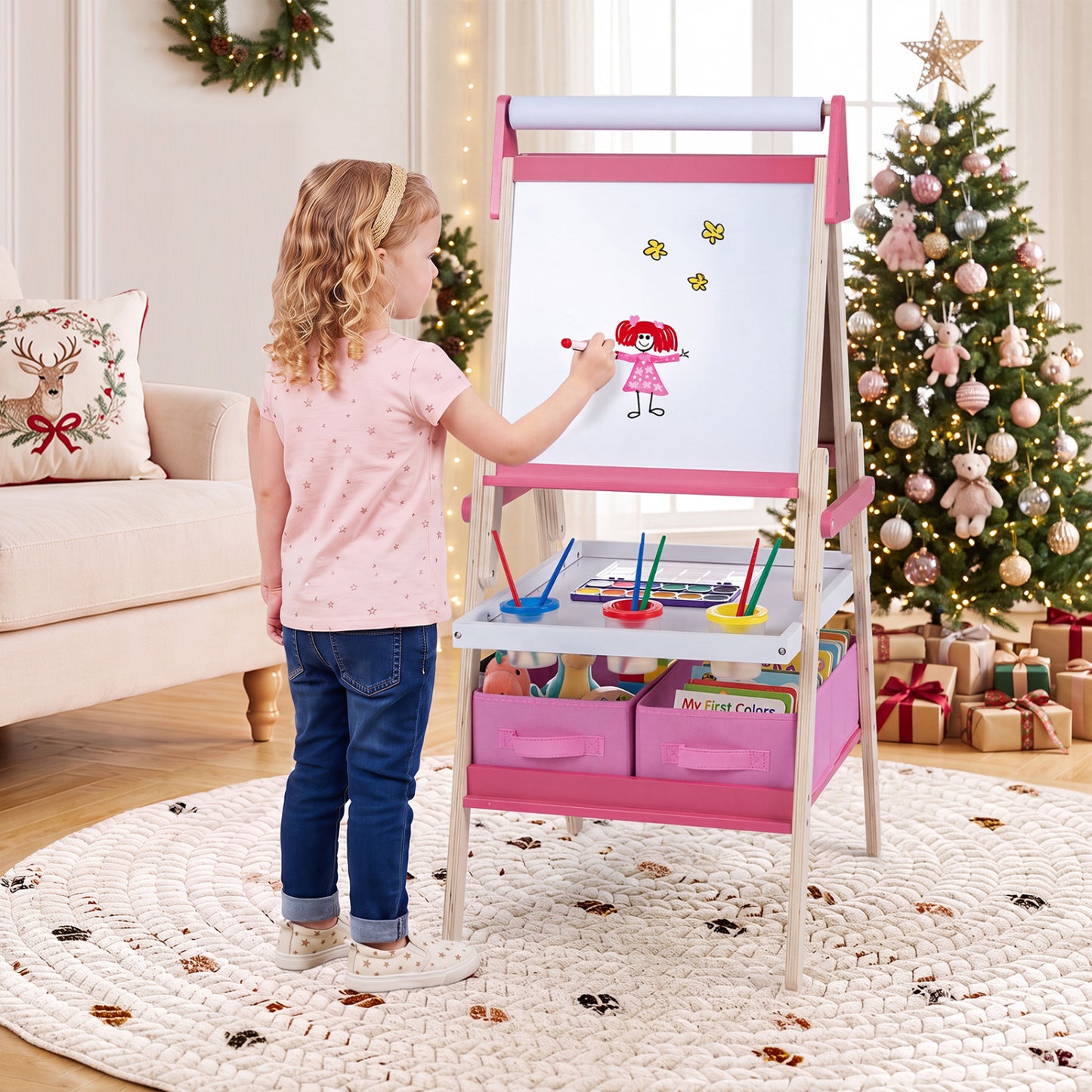 Chevalet d'art 3-en-1 pour enfants, tableau magnétique et tableau blanc, rose