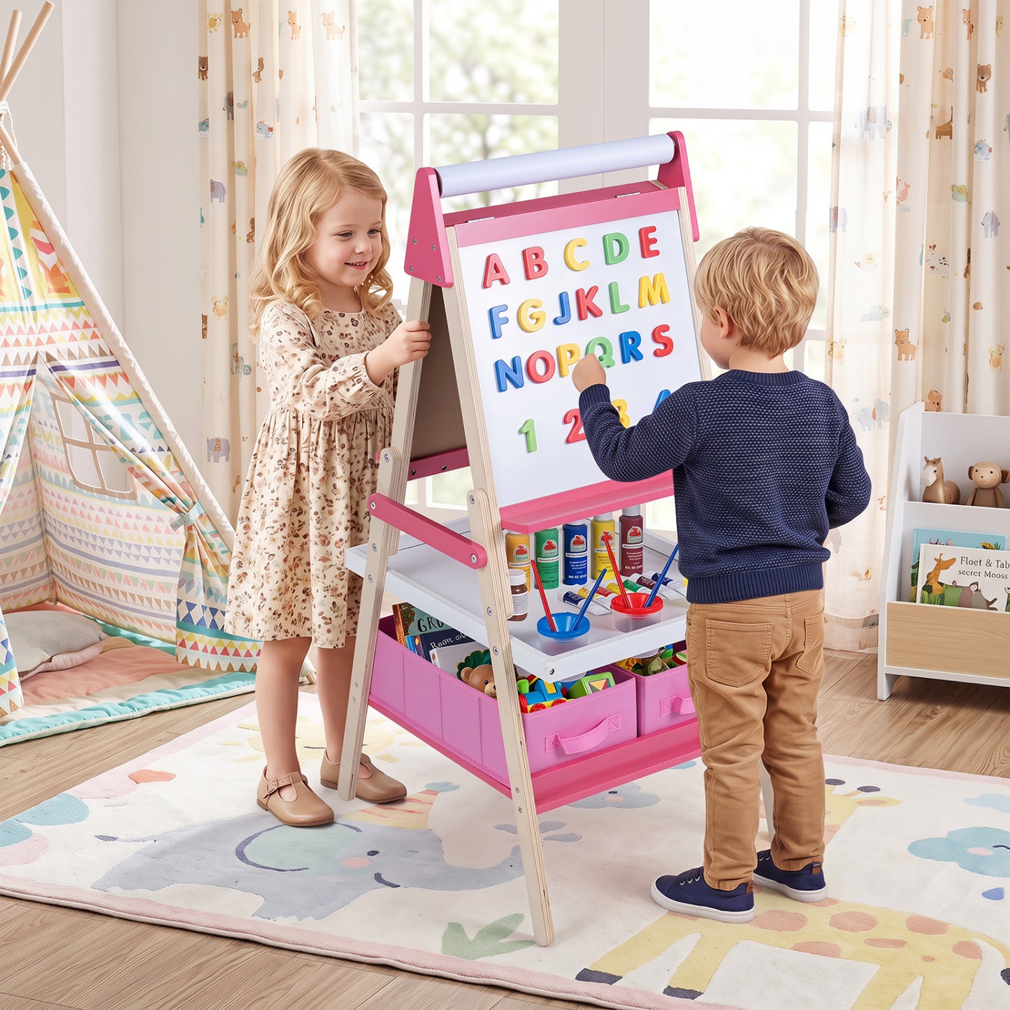 Chevalet d'art 3-en-1 pour enfants, tableau magnétique et tableau blanc, rose