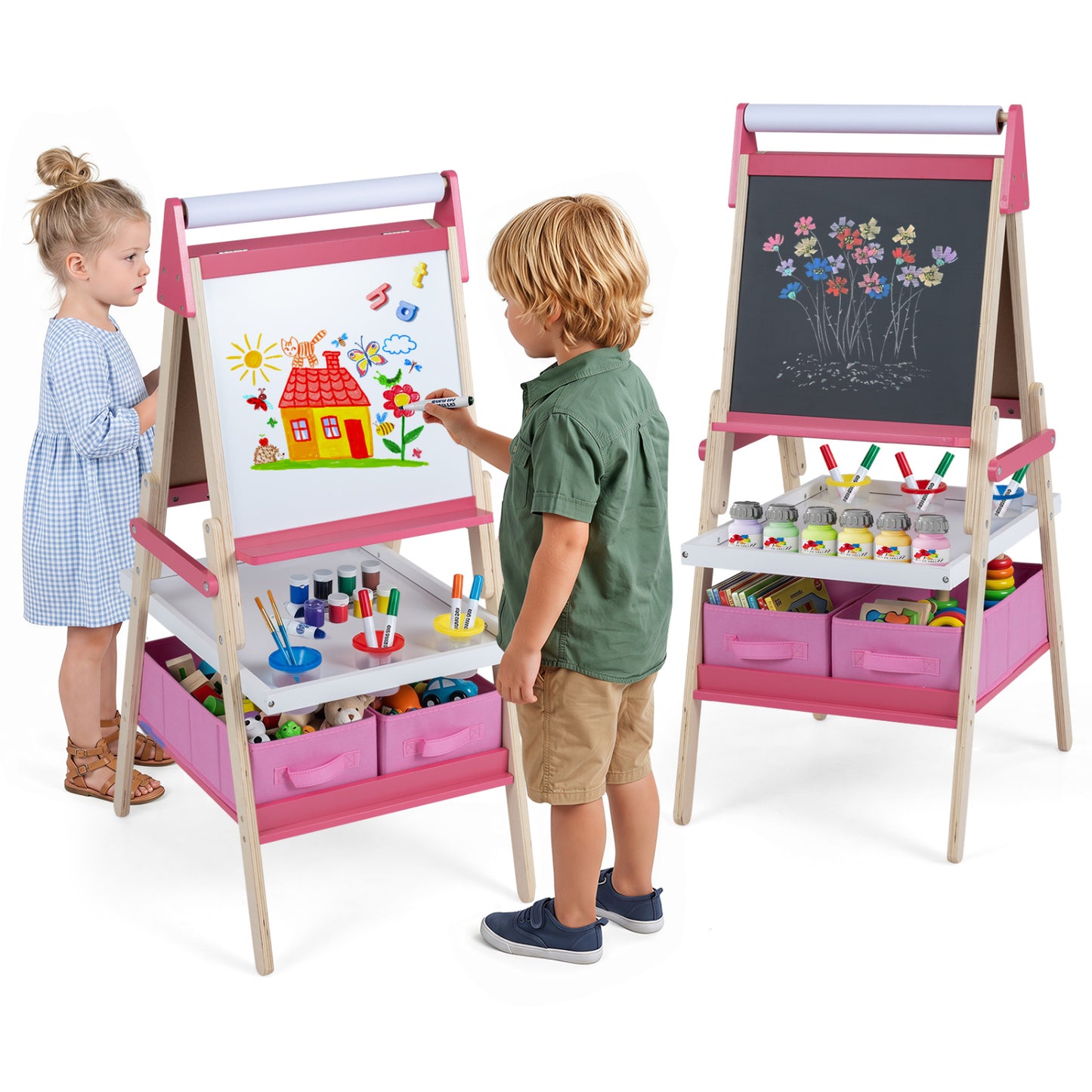 Chevalet d'art 3-en-1 pour enfants, tableau magnétique et tableau blanc, rose