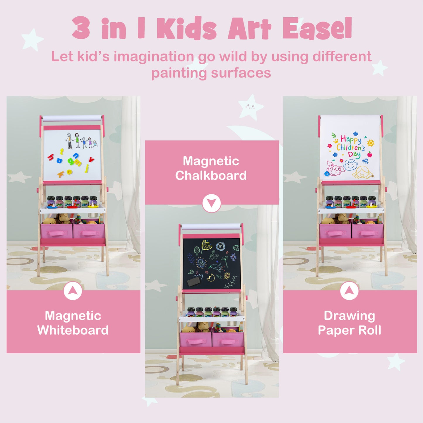 Chevalet d'art 3-en-1 pour enfants, tableau magnétique et tableau blanc, rose