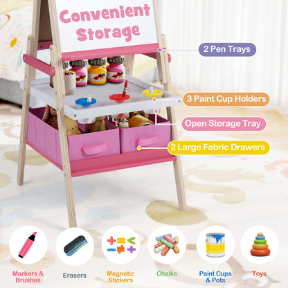 Chevalet d'art 3-en-1 pour enfants, tableau magnétique et tableau blanc, rose