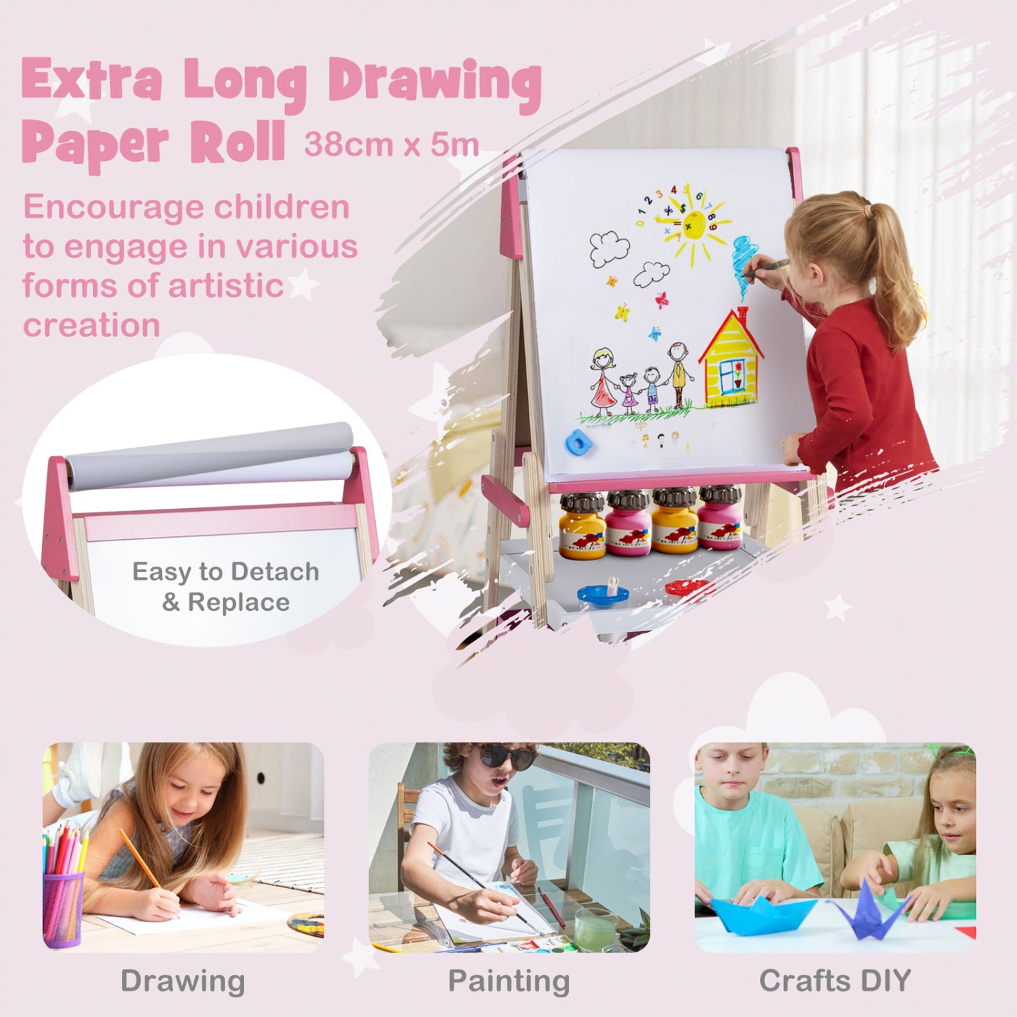 Chevalet d'art 3-en-1 pour enfants, tableau magnétique et tableau blanc, rose