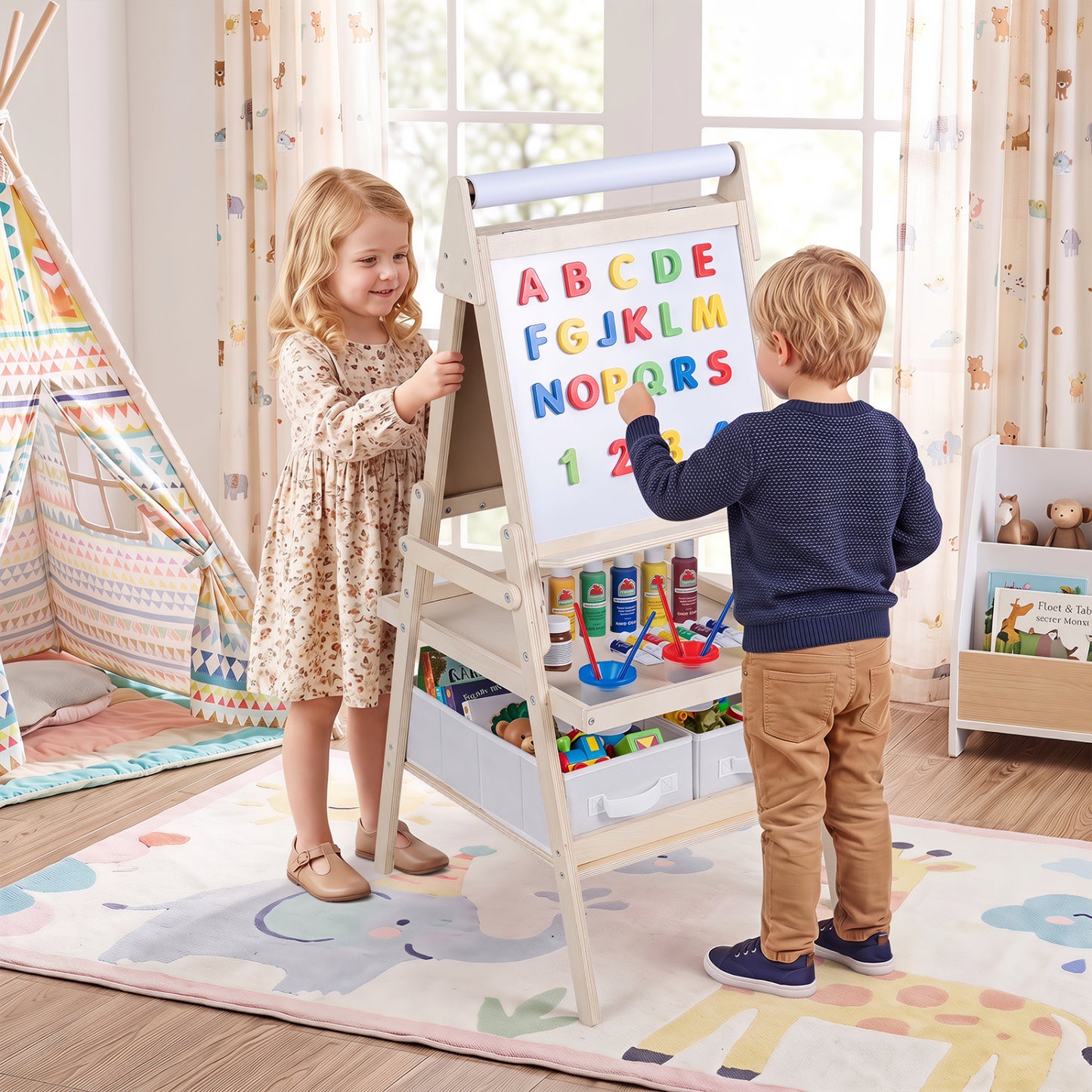 Chevalet d'art 3-en-1 pour enfants, tableau magnétique, tableau blanc, naturel