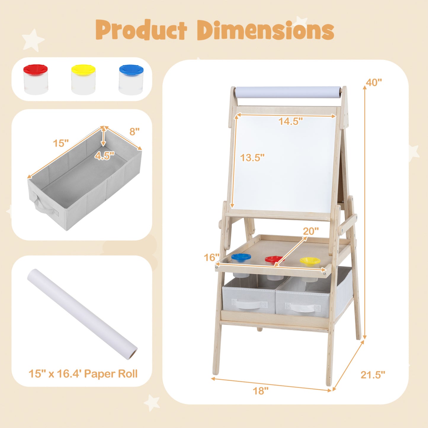 Chevalet d'art 3-en-1 pour enfants, tableau magnétique, tableau blanc, naturel