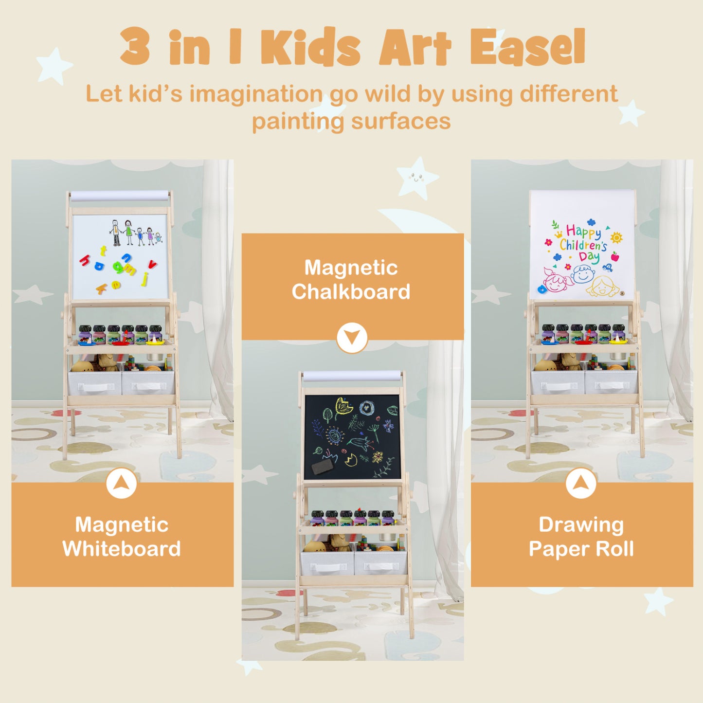 Chevalet d'art 3-en-1 pour enfants, tableau magnétique, tableau blanc, naturel