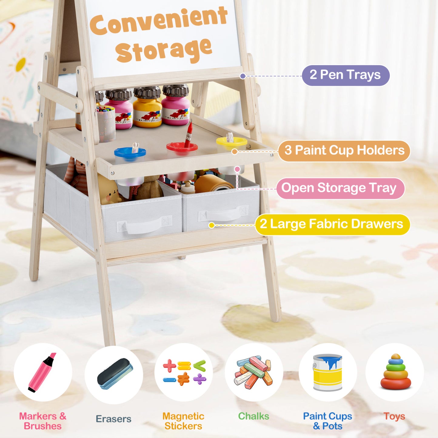 Chevalet d'art 3-en-1 pour enfants, tableau magnétique, tableau blanc, naturel