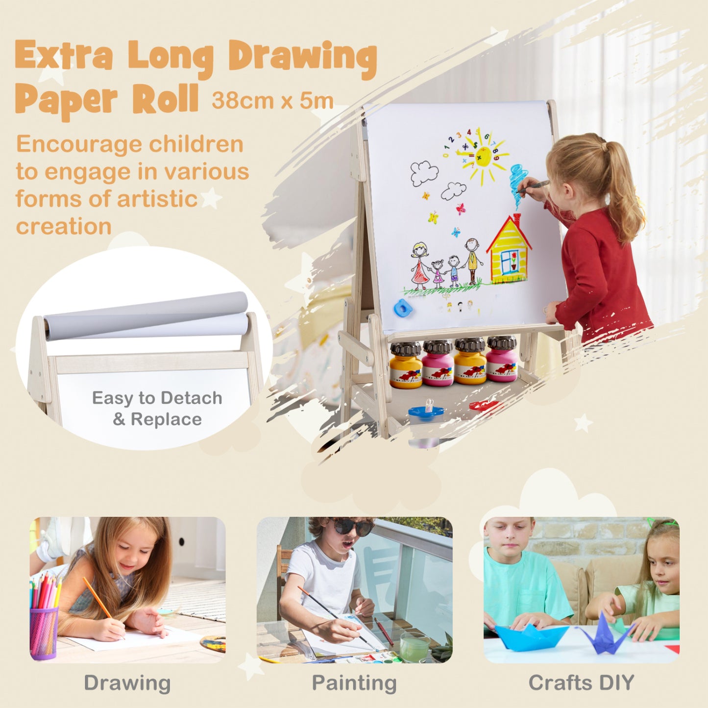 Chevalet d'art 3-en-1 pour enfants, tableau magnétique, tableau blanc, naturel