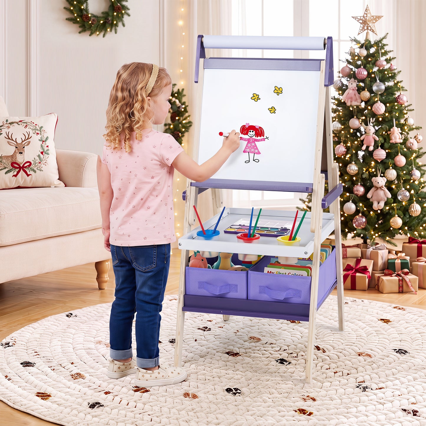 3-in-1 Art Easel for Kids, Magnetic Chalkboard, Purple