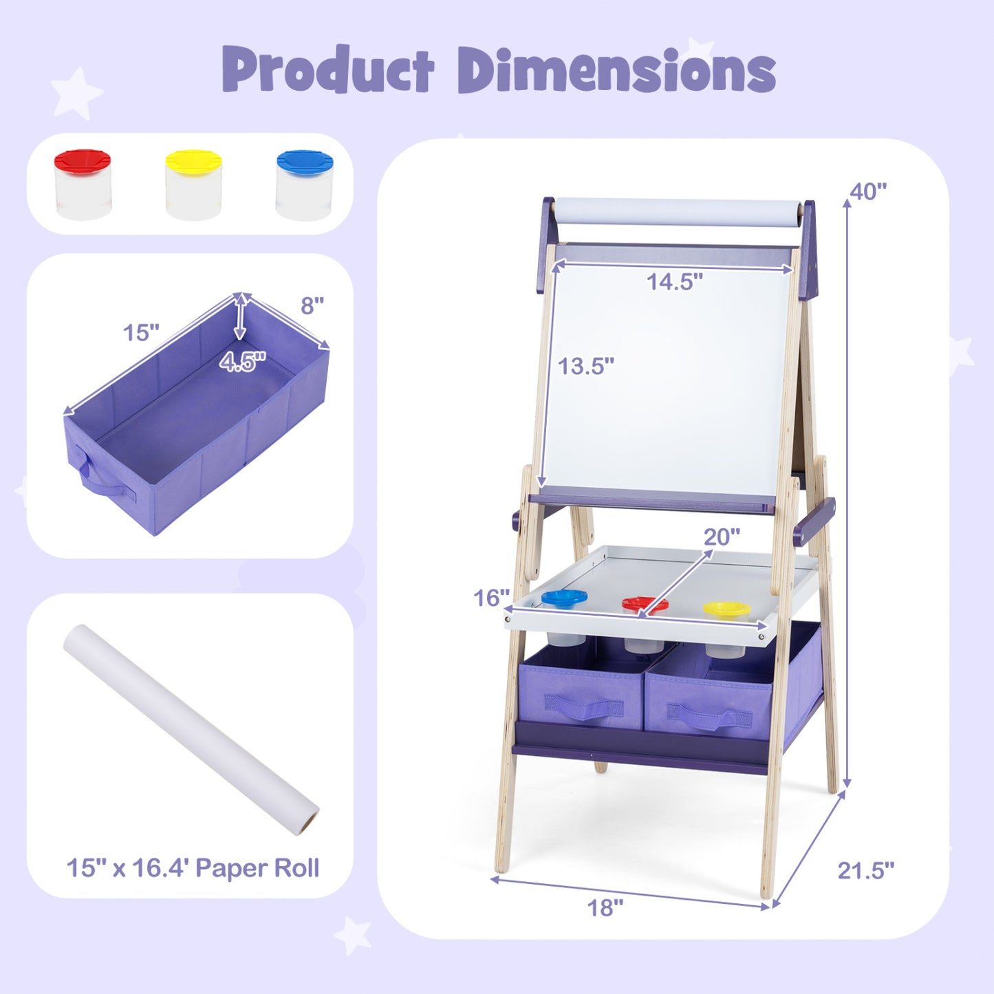 3-in-1 Art Easel for Kids, Magnetic Chalkboard, Purple