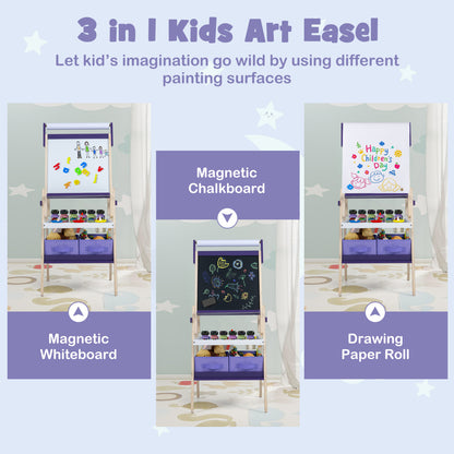 Chevalet d'art 3-en-1 pour enfants, tableau magnétique à craie, violet
