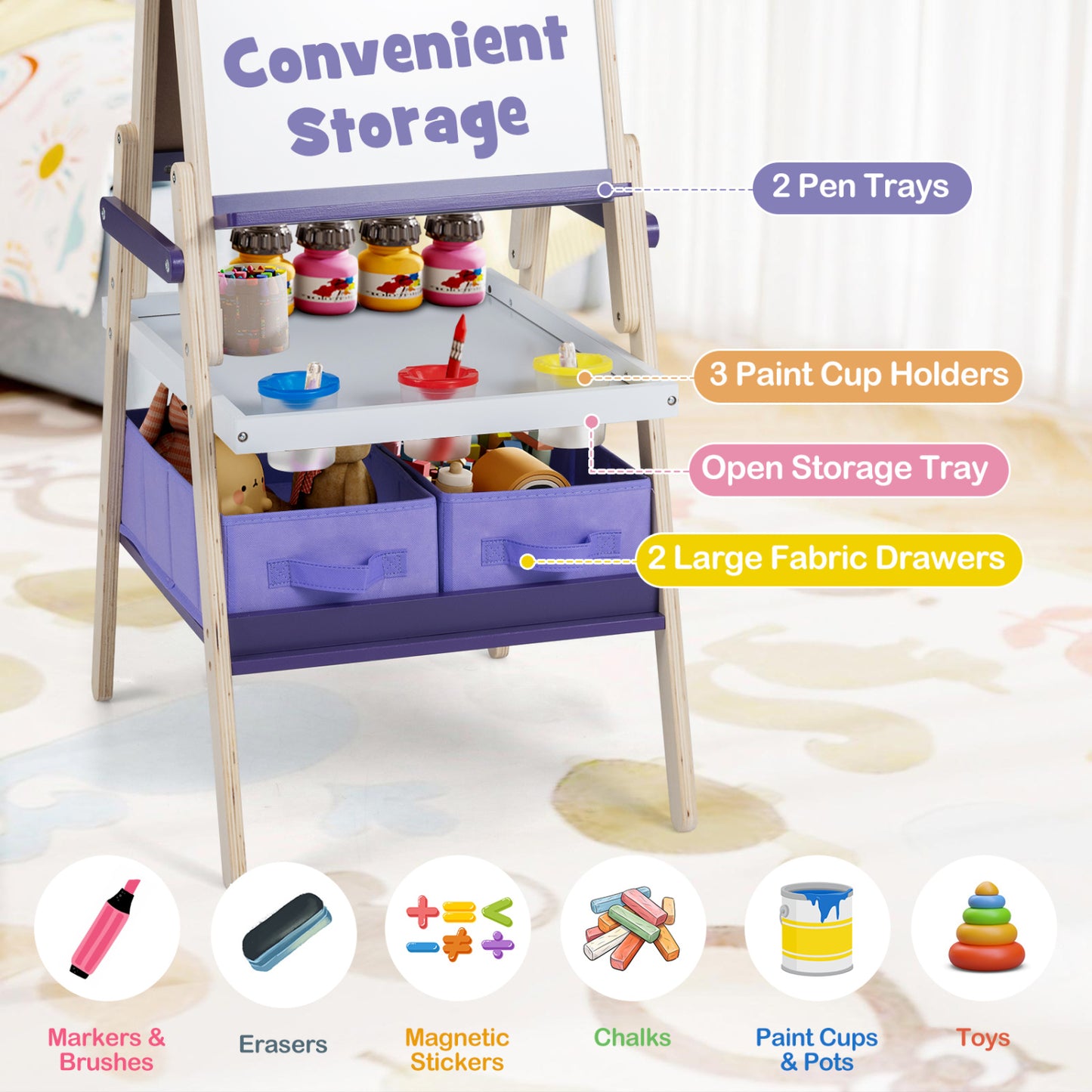 3-in-1 Art Easel for Kids, Magnetic Chalkboard, Purple
