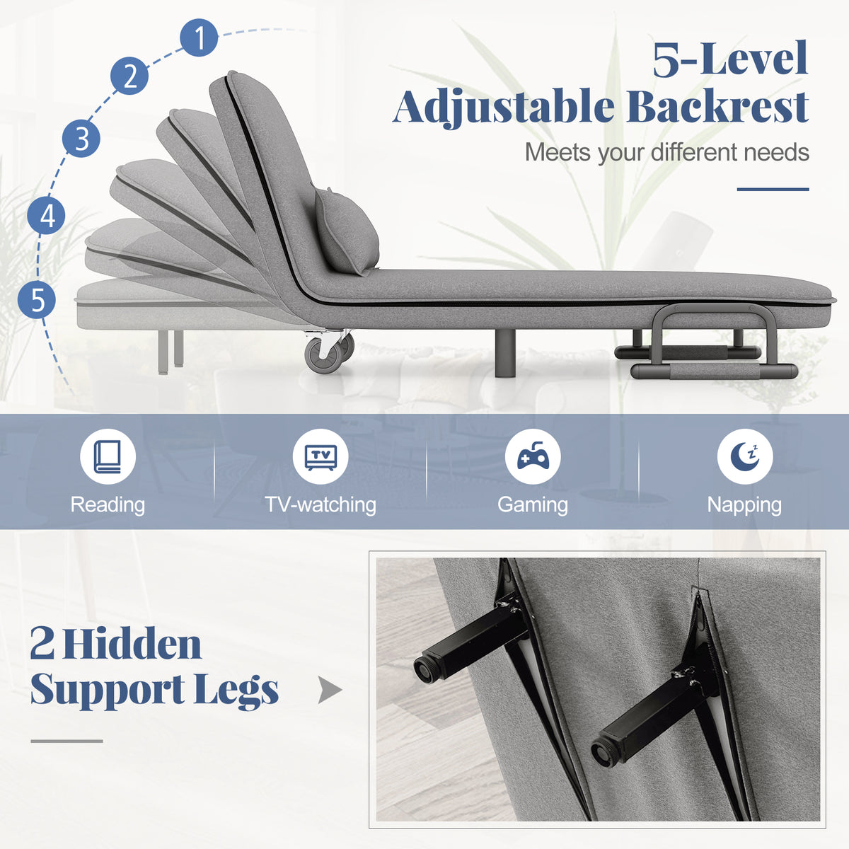3-In-1 Convertible Sofa Bed, Adjustable Backrest, Lumbar Pillow, Light Gray Accent Chairs at Gallery Canada