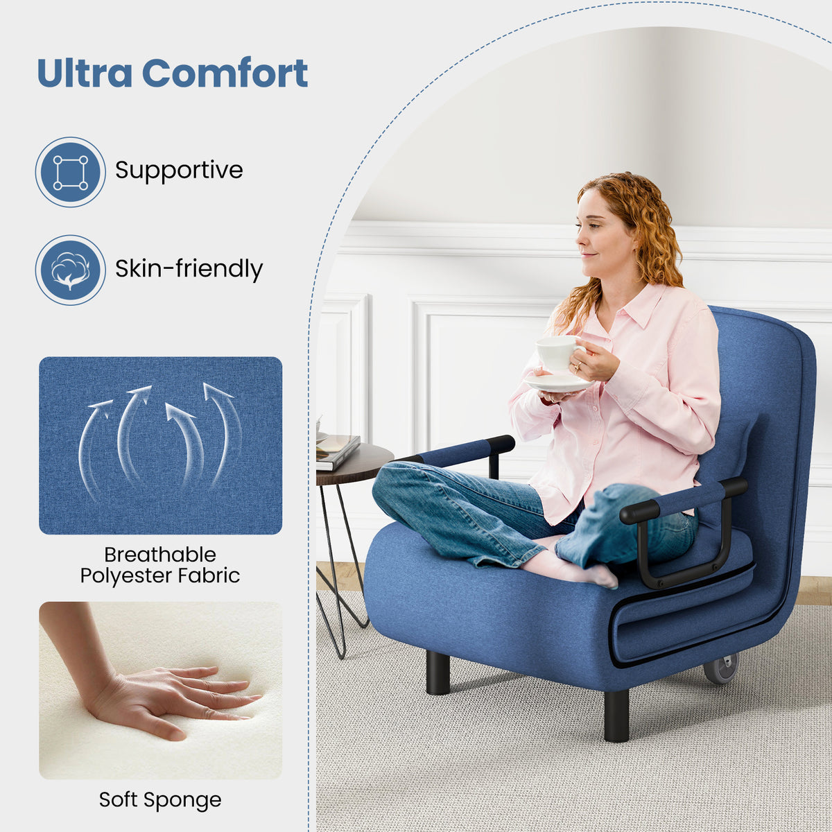 3-in-1 Convertible Sofa Bed, Adjustable Backrest, Lumbar Pillow, Blue Accent Chairs at Gallery Canada