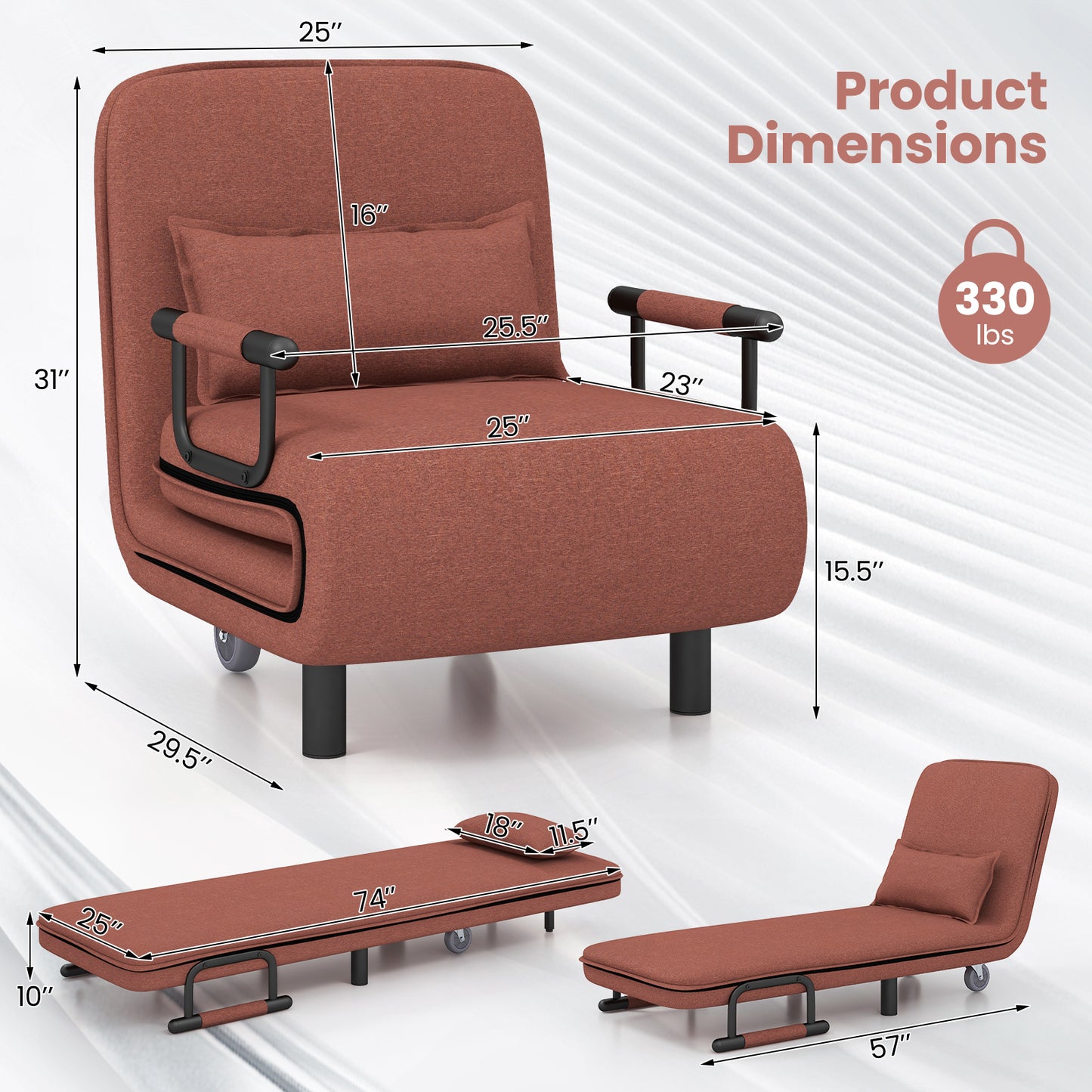 Convertible Sofa Bed, 5-Position Adjustable Backrest, Brown Accent Chairs at Gallery Canada