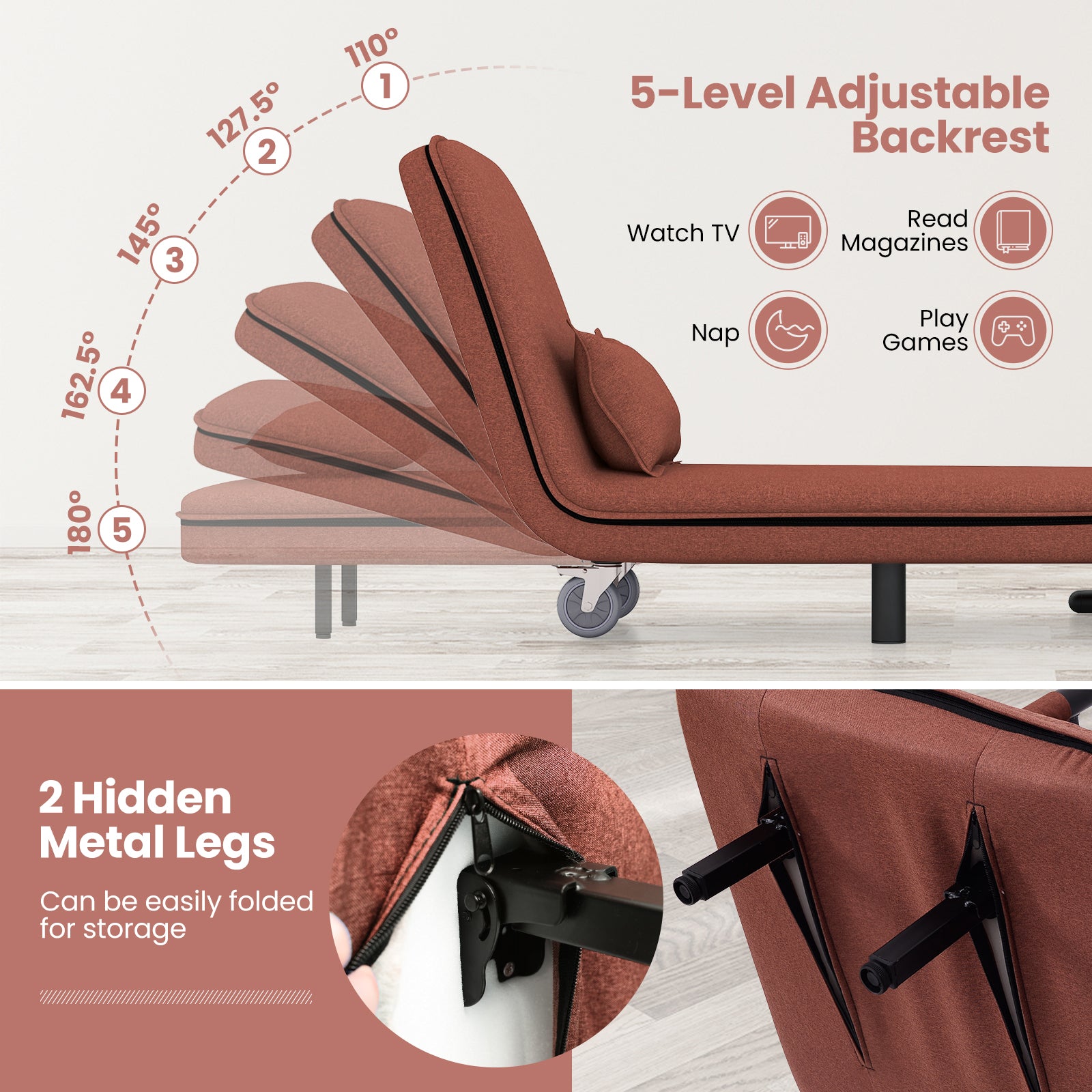 Convertible Sofa Bed, 5-Position Adjustable Backrest, Brown Accent Chairs at Gallery Canada
