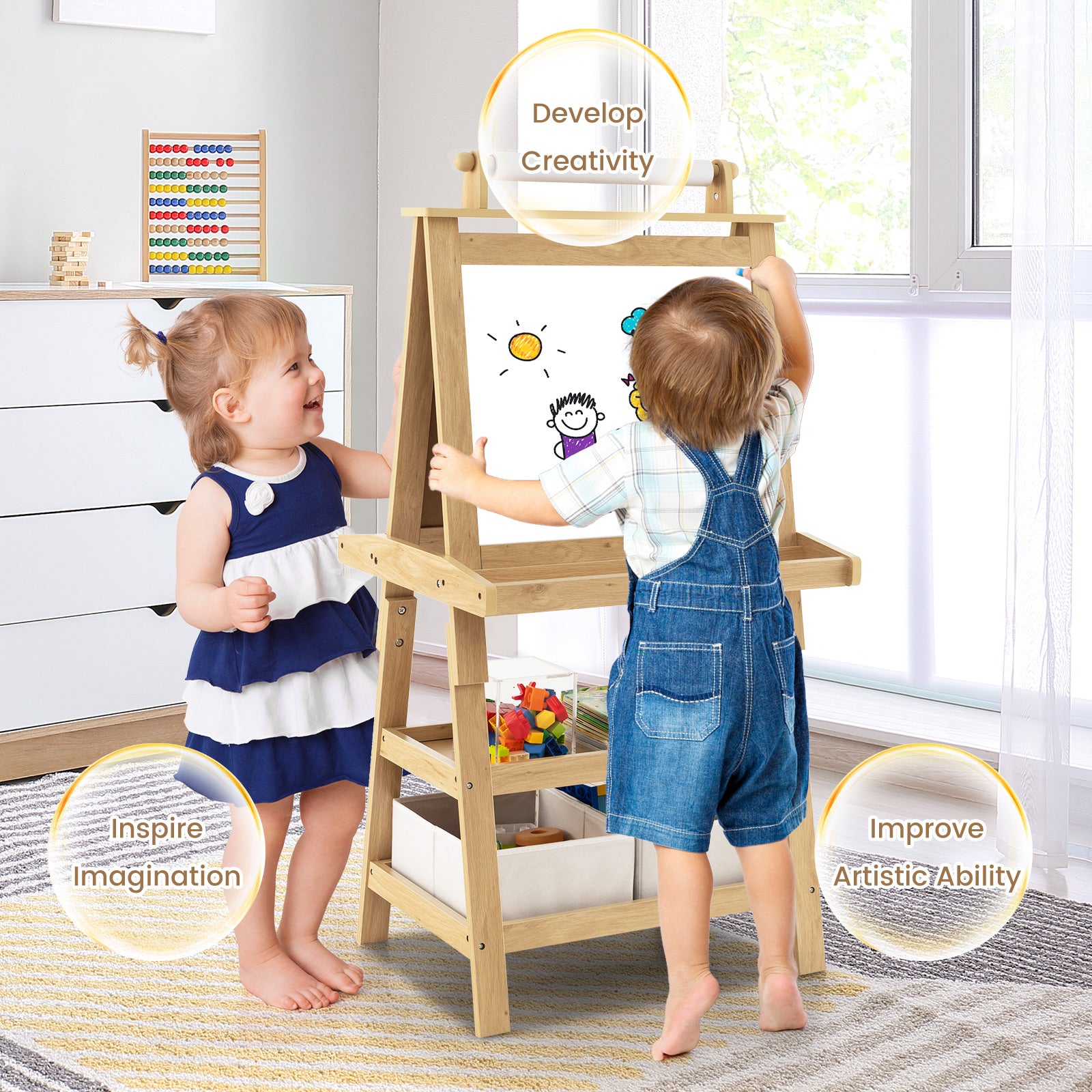 3-in-1 Double-Sided Storage Art Easel, Natural Art Easels at Gallery Canada