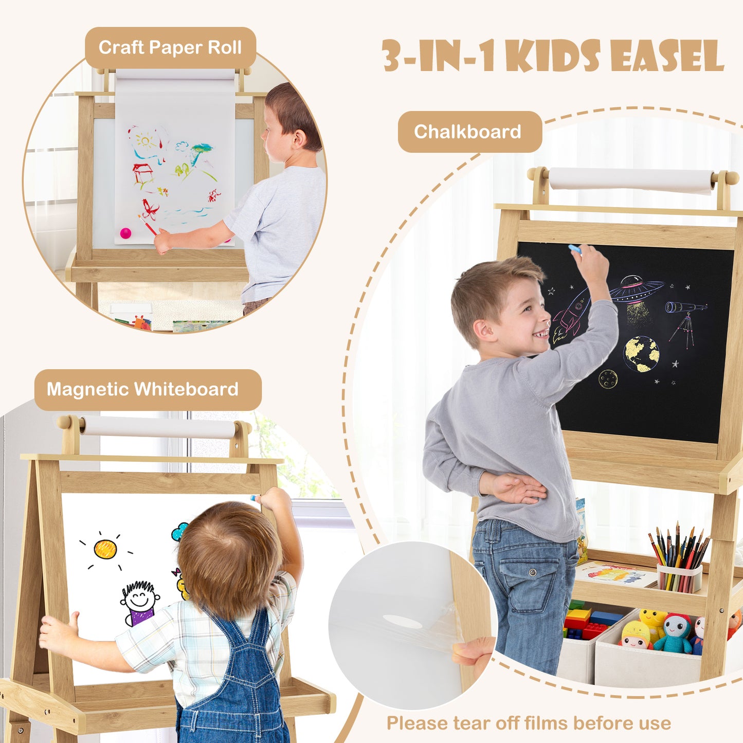 3-in-1 Double-Sided Storage Art Easel, Natural Art Easels at Gallery Canada