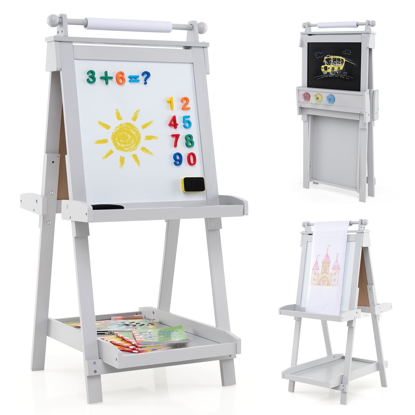 3-In-1 Double-Sided Art Easel With Chalkboard, Magnetic Whiteboard, Gray Art Easels Gray at Gallery Canada