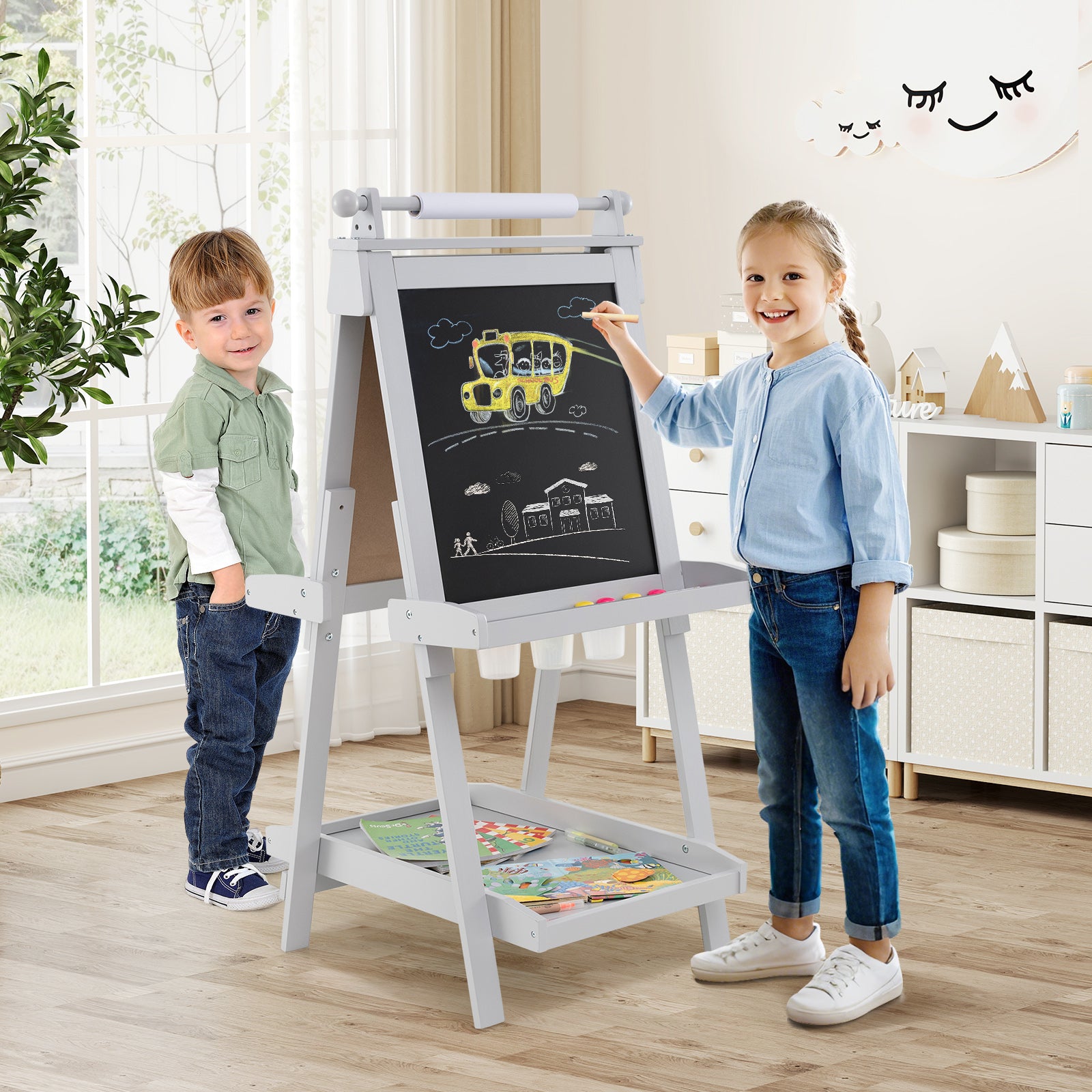 3-In-1 Double-Sided Art Easel With Chalkboard, Magnetic Whiteboard, Gray Art Easels at Gallery Canada