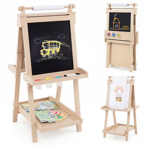 3-In-1 Double-Sided Art Easel, Chalkboard, Whiteboard, Natural