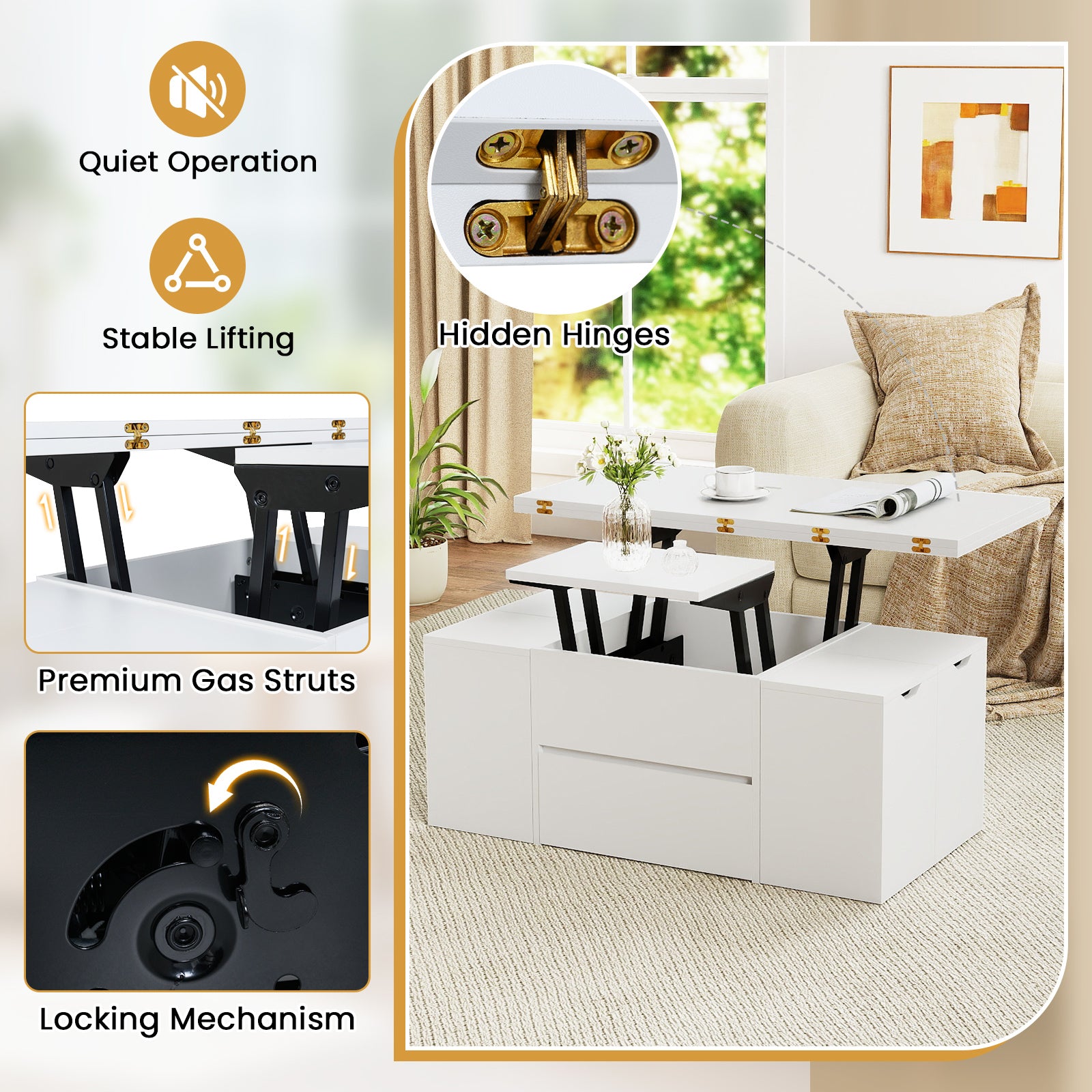 3-in-1 Expandable Lift Top Coffee Table with 4 Storage Stools and Hidden Compartment for 4-8 People, White Coffee Tables at Gallery Canada