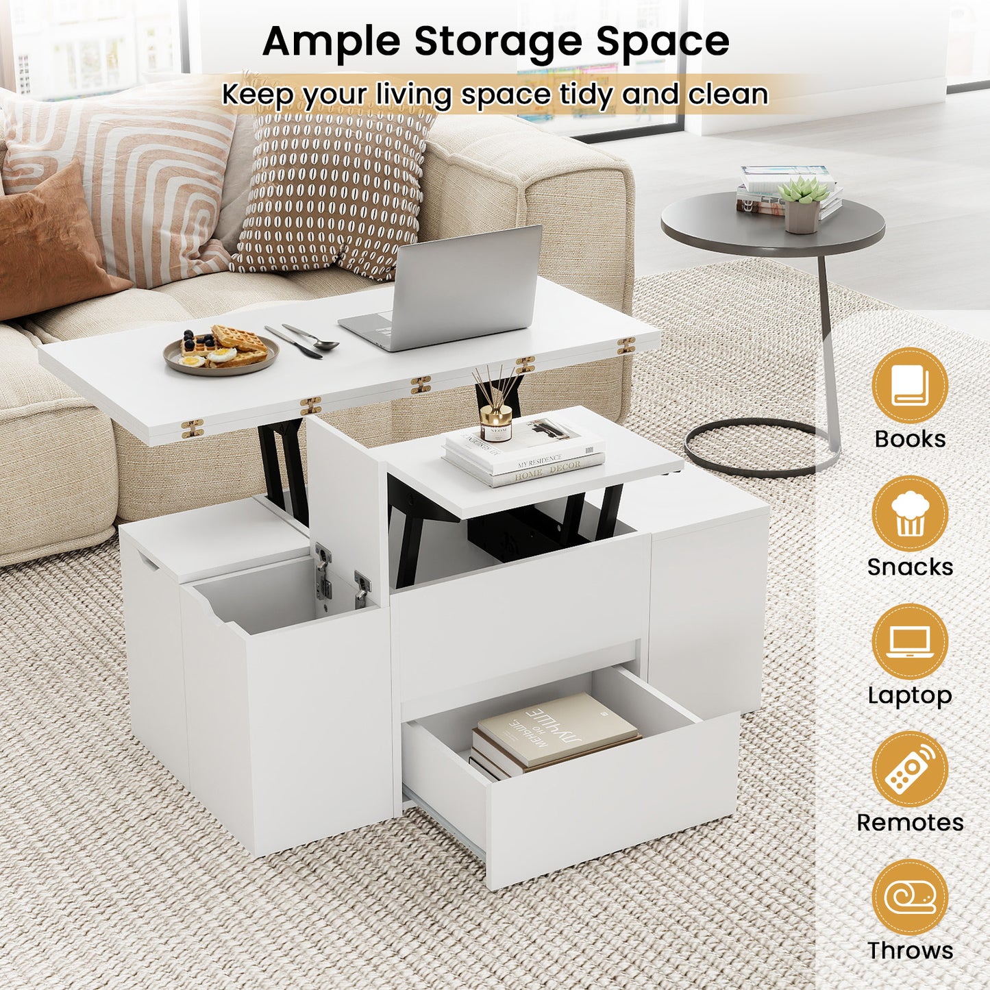 3-in-1 Expandable Lift Top Coffee Table with 4 Storage Stools and Hidden Compartment for 4-8 People, White Coffee Tables at Gallery Canada