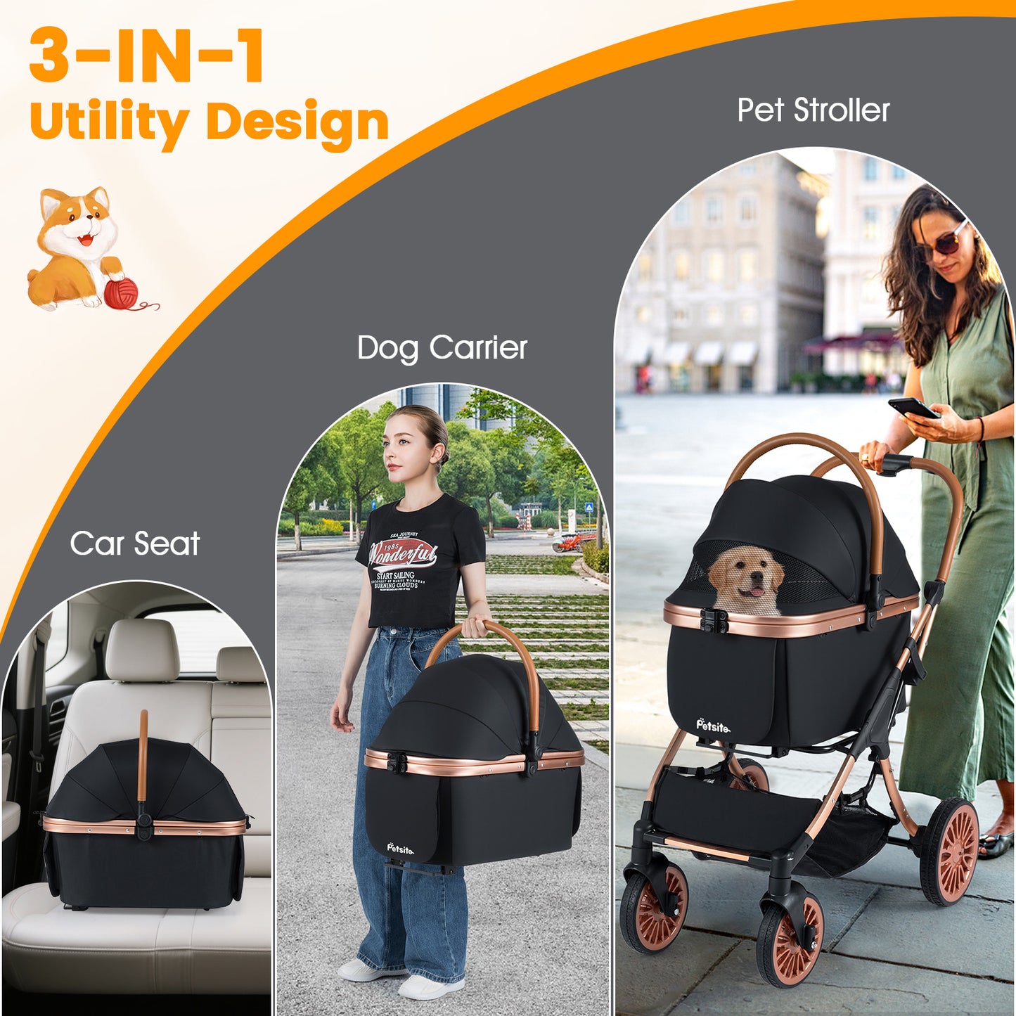 Foldable Pet Stroller, 55 lbs, Black Cat Supplies at Gallery Canada
