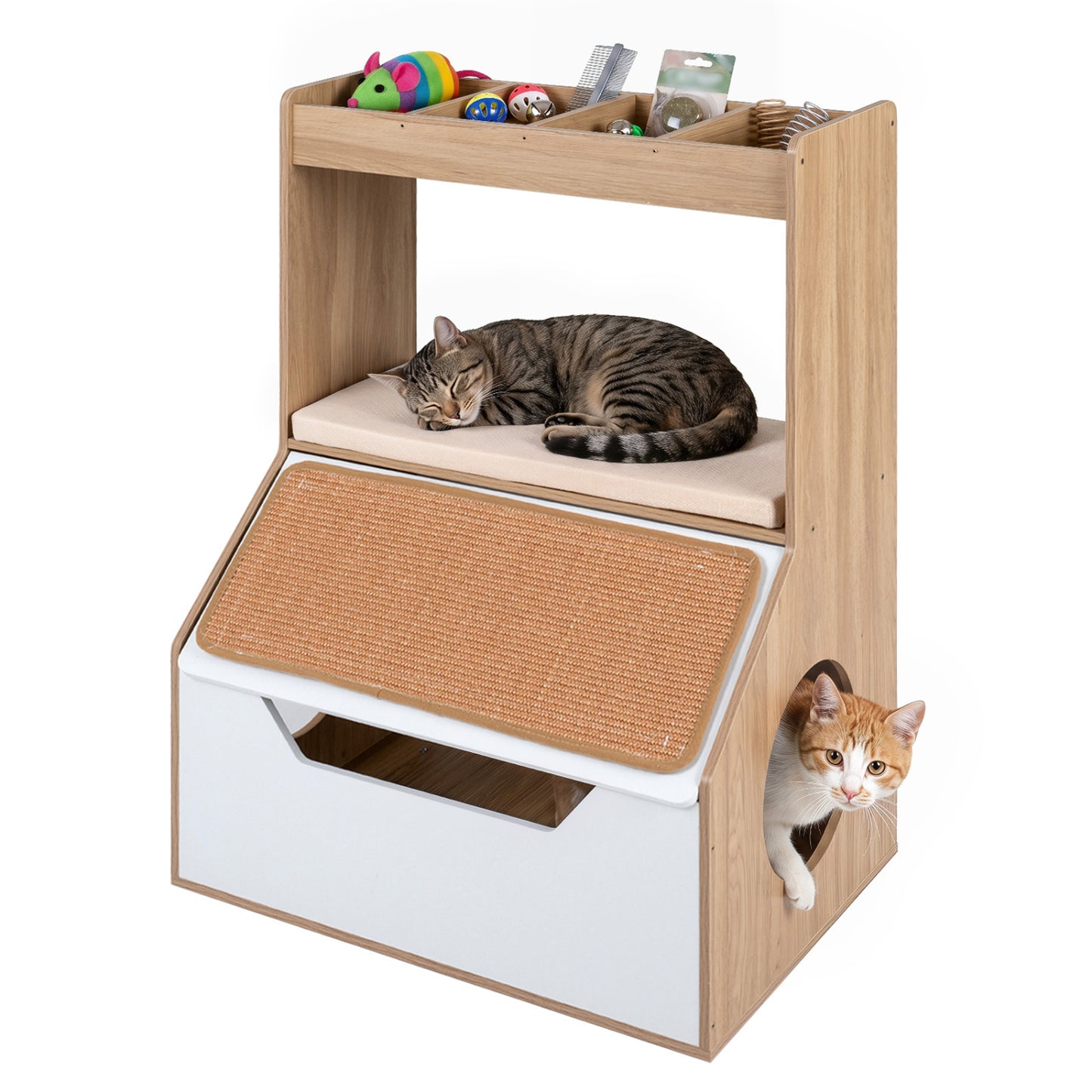 3-in-1 Hidden Cat House Cabinet with 4 Cubbies, Cushion, Scratching Pad, Natural Cat Houses at Gallery Canada