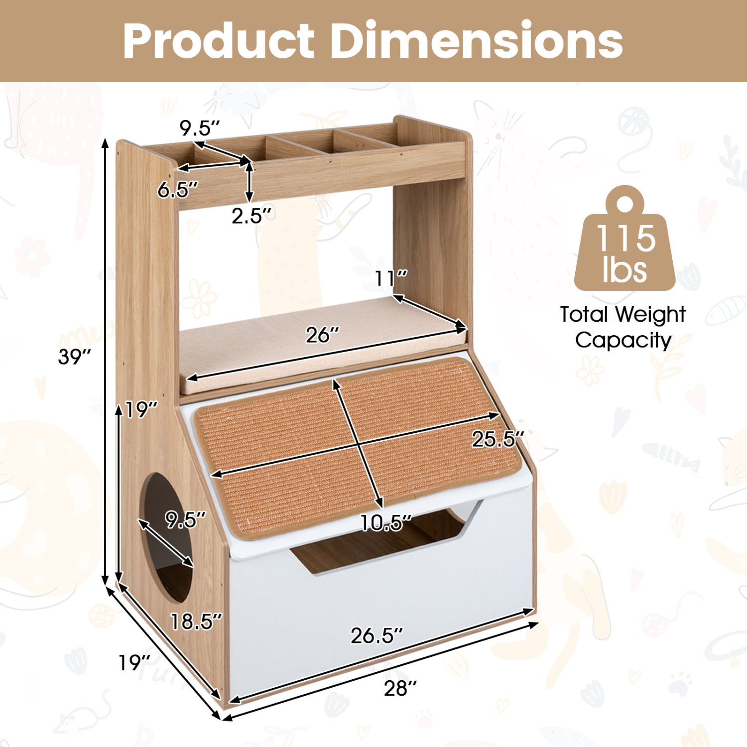 3-in-1 Hidden Cat House Cabinet with 4 Cubbies, Cushion, Scratching Pad, Natural Cat Houses at Gallery Canada