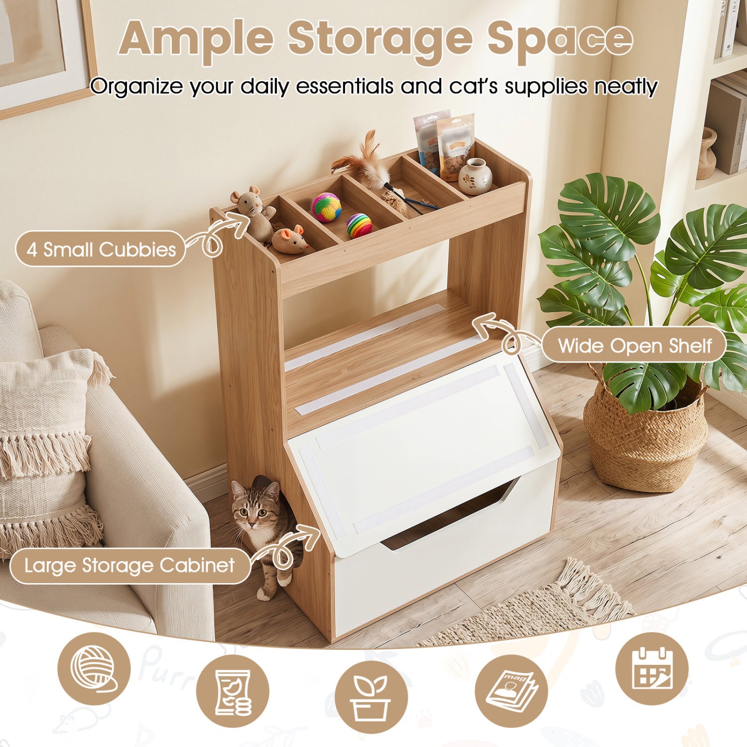 3-in-1 Hidden Cat House Cabinet with 4 Cubbies, Cushion, Scratching Pad, Natural Cat Houses at Gallery Canada