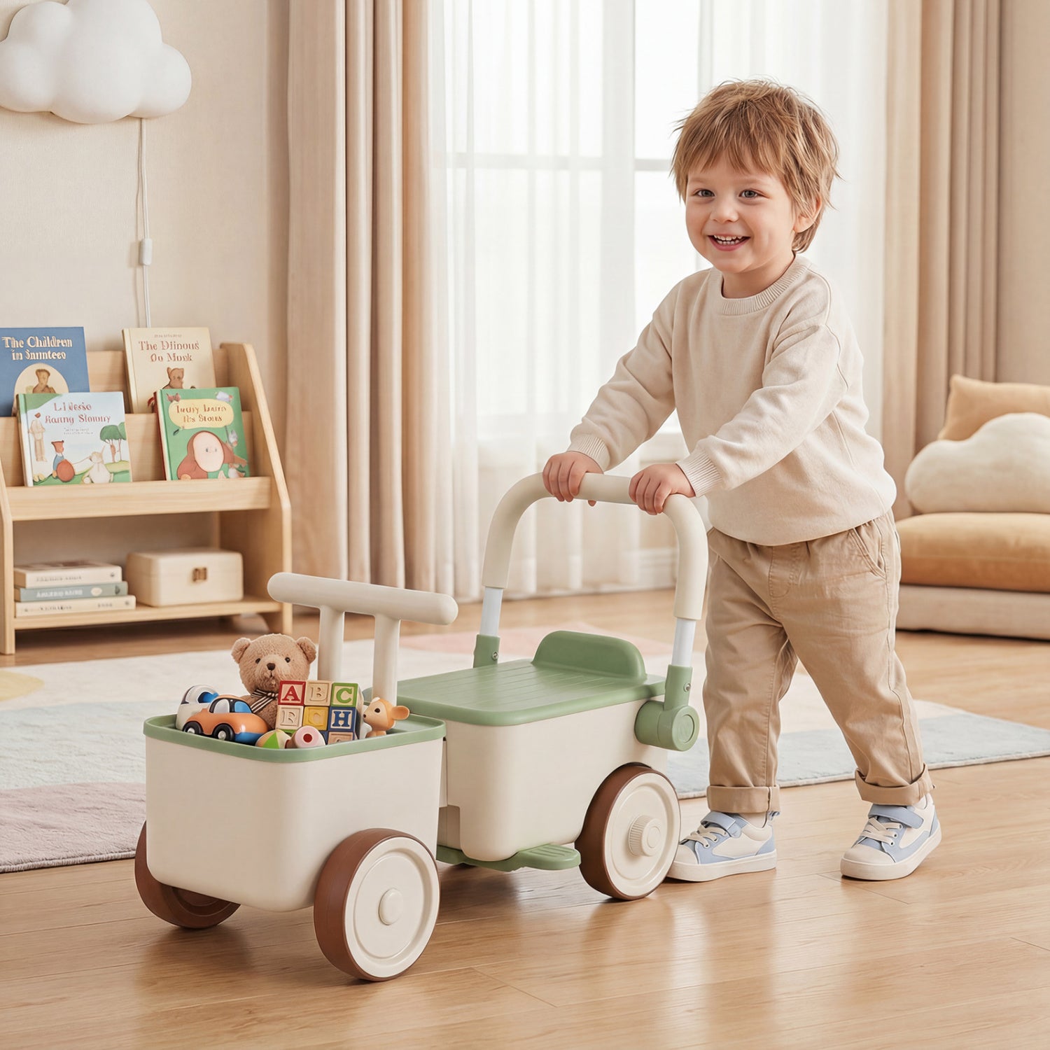 3-in-1 Kids Ride On Push Car with Rope and Storage Basket, Green Push & Pedal Ride On Toys at Gallery Canada