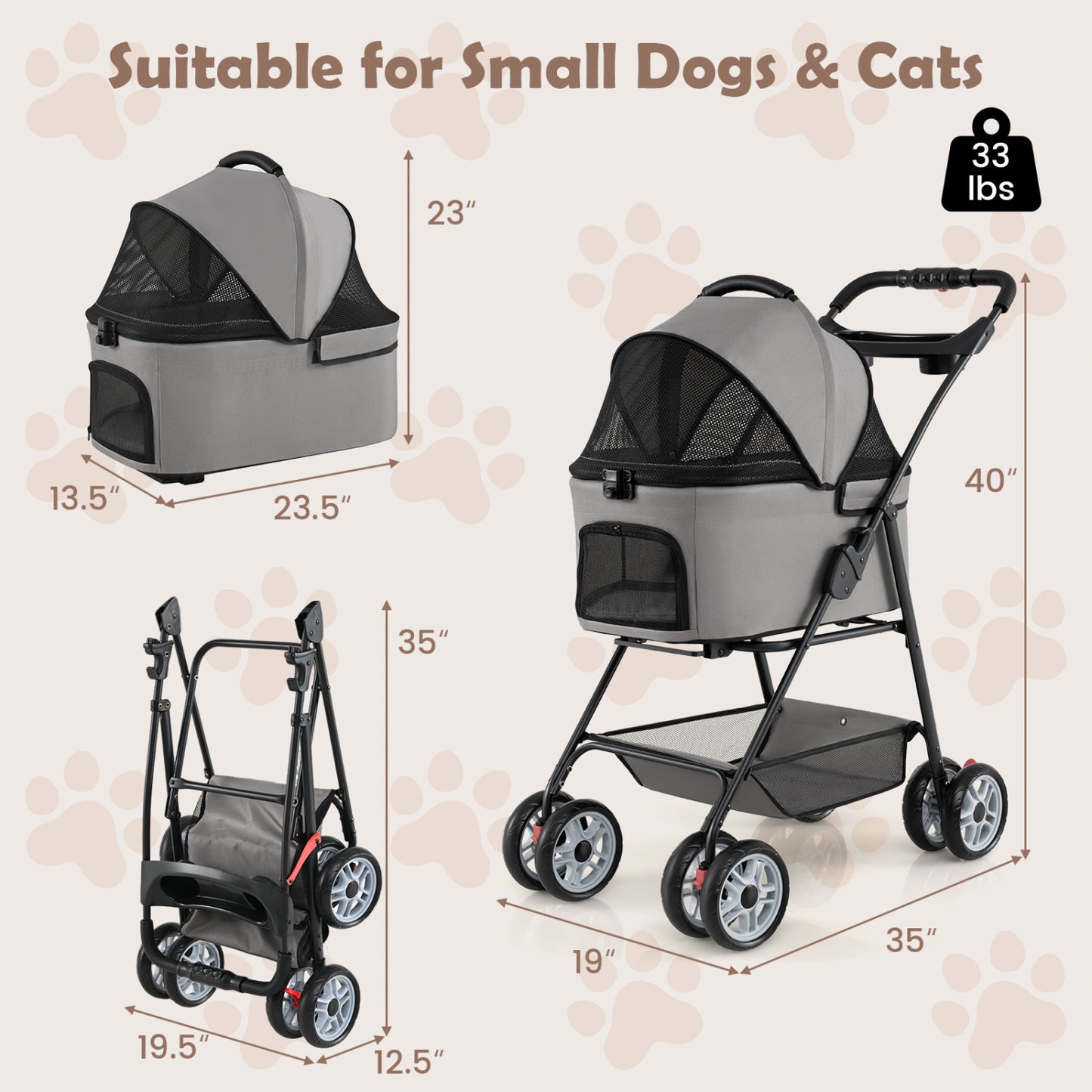 3 In 1 Pet Stroller, Removable Carrier, 33 Lbs, Gray Dog Supplies at Gallery Canada
