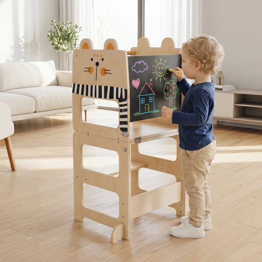 3-in-1 Wooden Kids Kitchen Step Stool With Blackboard, Black & White Kids Chairs & Seating Black & White at Gallery Canada