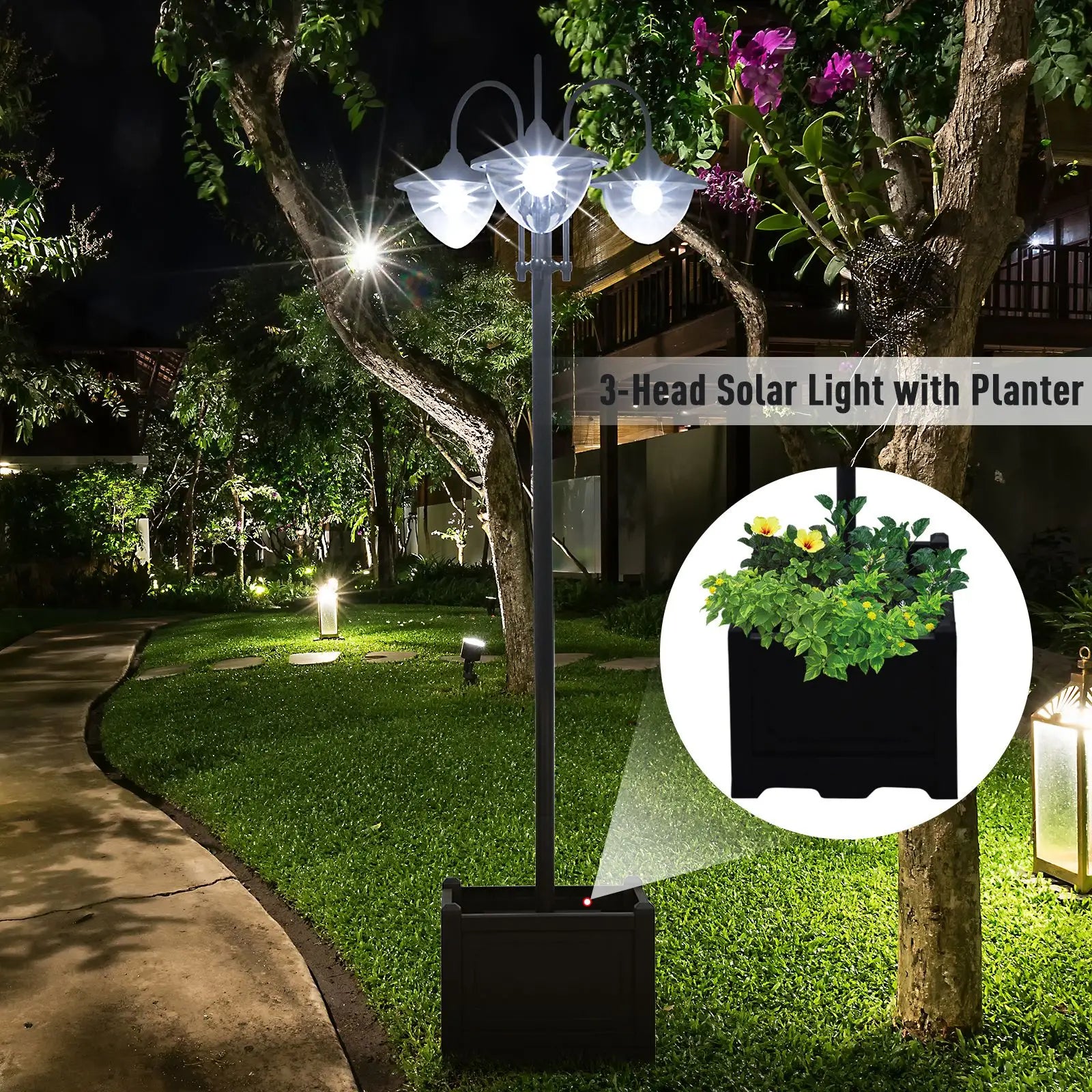 3-Head LED Solar Light, Street Light Post with Planter, Black Solar Post Lamps at Gallery Canada