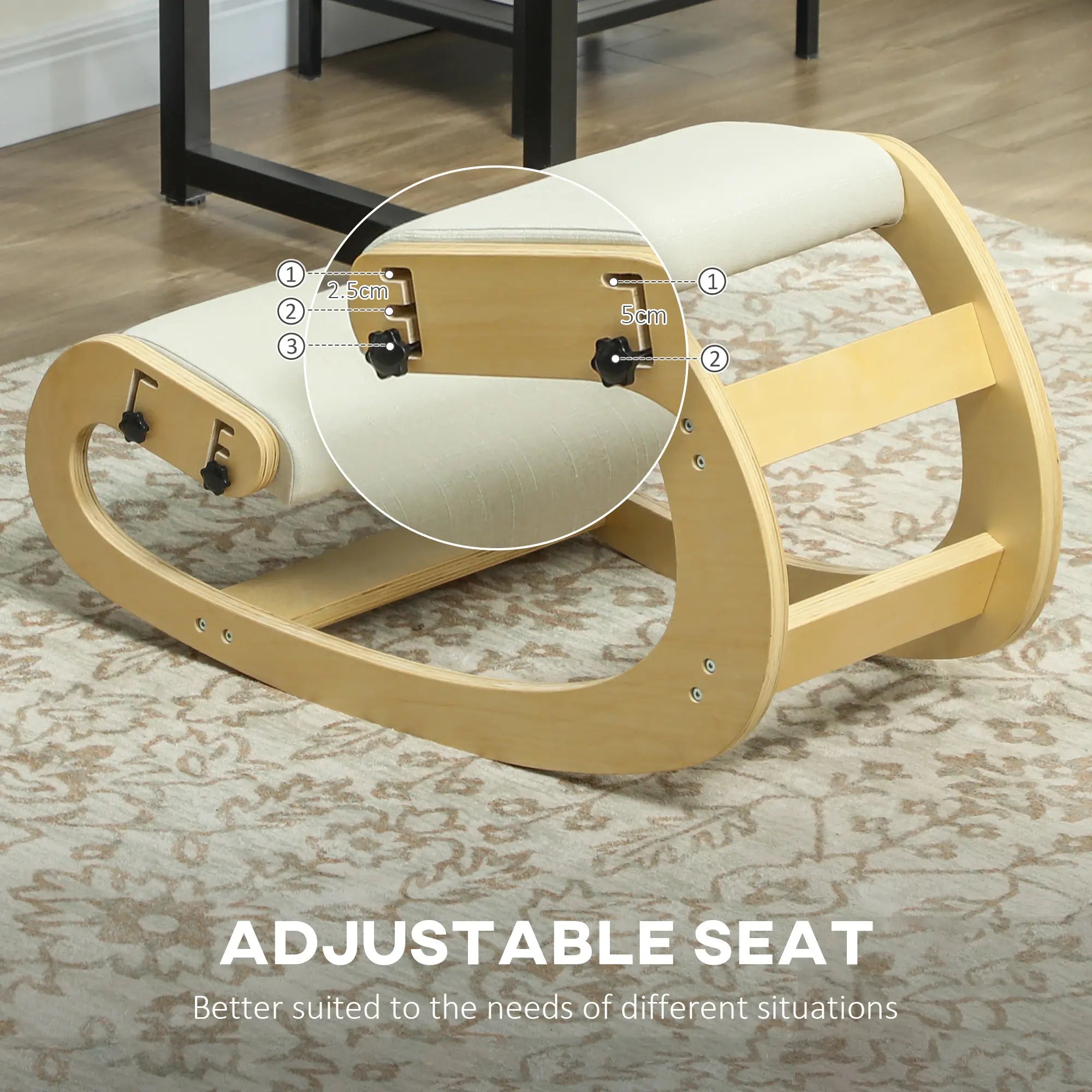 Ergonomic Kneeling Chair, Adjustable Rocking Wood Stool, Cream White Office Chairs at Gallery Canada