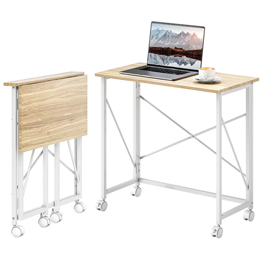 31.5" Folding Desk With Wheels, Home Office Desk, Natural Wood, Natural Wood Dumbbells & Barbells Oak Tone Tabletop, White Legs at Gallery Canada