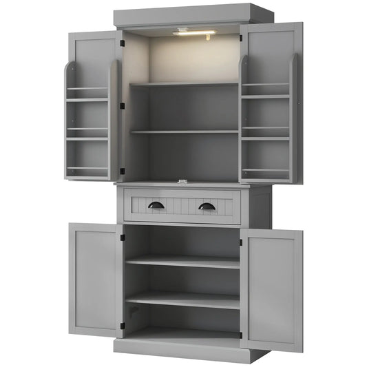 71" Kitchen Pantry Cabinet, LED Lights, 6 Spice Racks, Drawer, 4 Shelves, Grey Kitchen Pantry Cabinets Grey at Gallery Canada