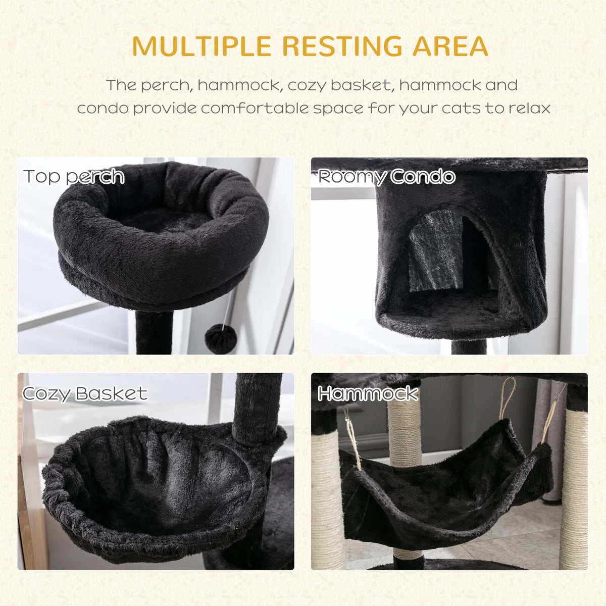 60" Multi-Level Plush Cat Tree, Scratching Posts, 2 Hammocks, Dark Grey Cat Trees at Gallery Canada