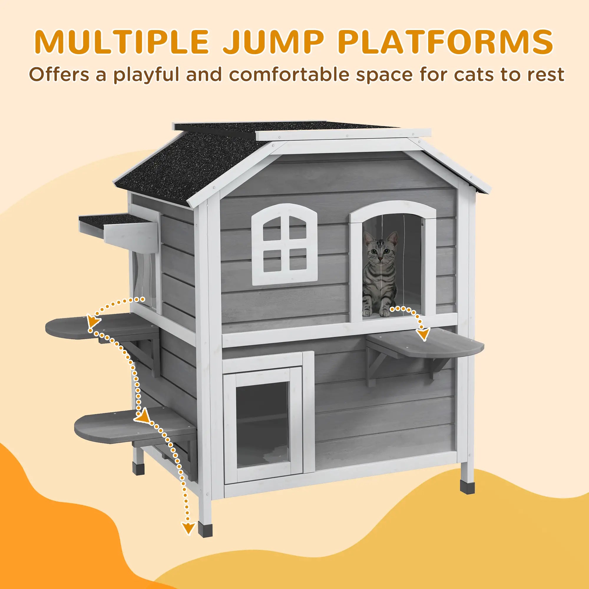 2-Storey Outdoor Cat House, Wooden Catio, Openable Roof, Grey Cat Houses at Gallery Canada