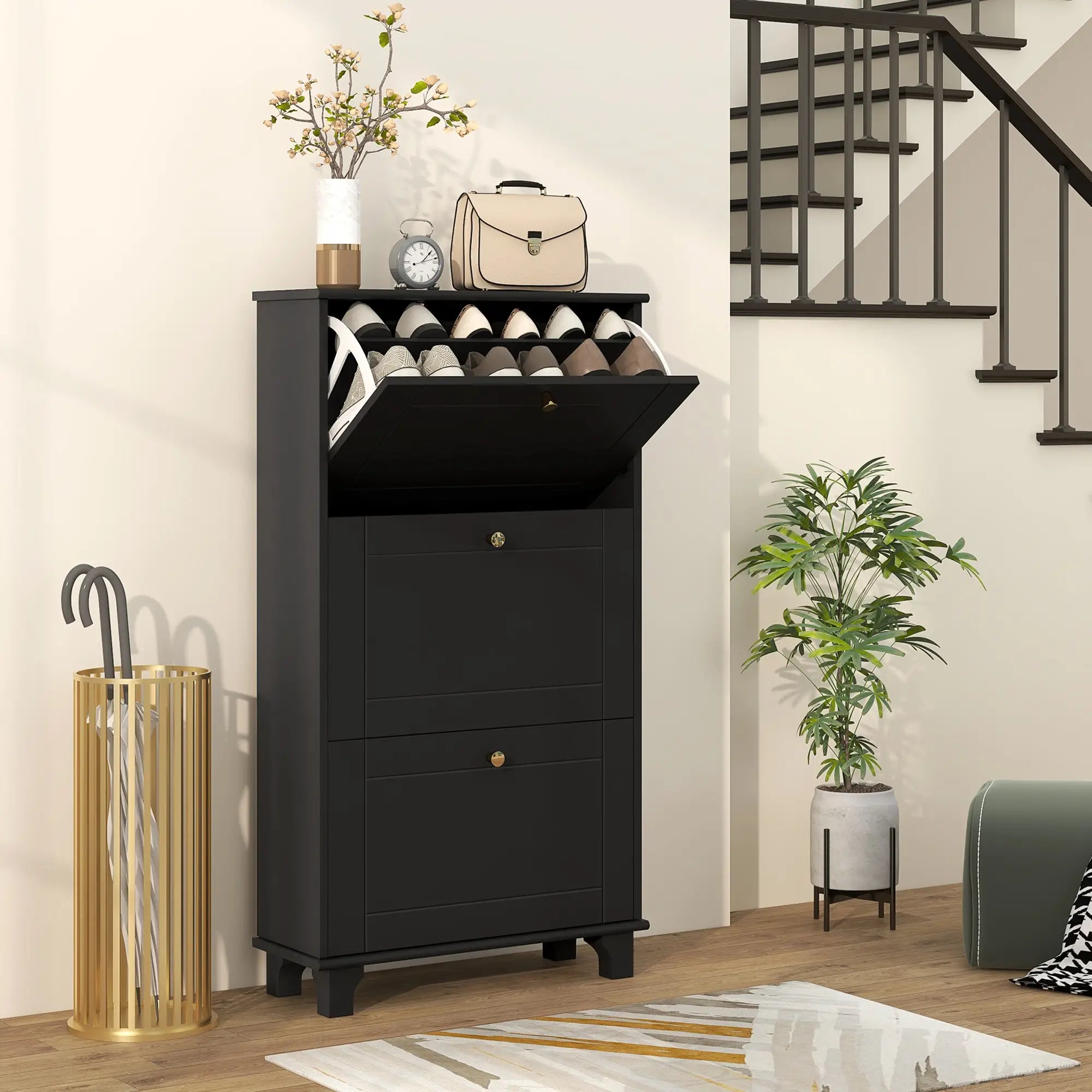 Narrow Shoe Storage, 3 Flip Drawers, Adjustable Shelves, Holds 12 Pairs, Black Shoe Storage Cabinets & Racks at Gallery Canada