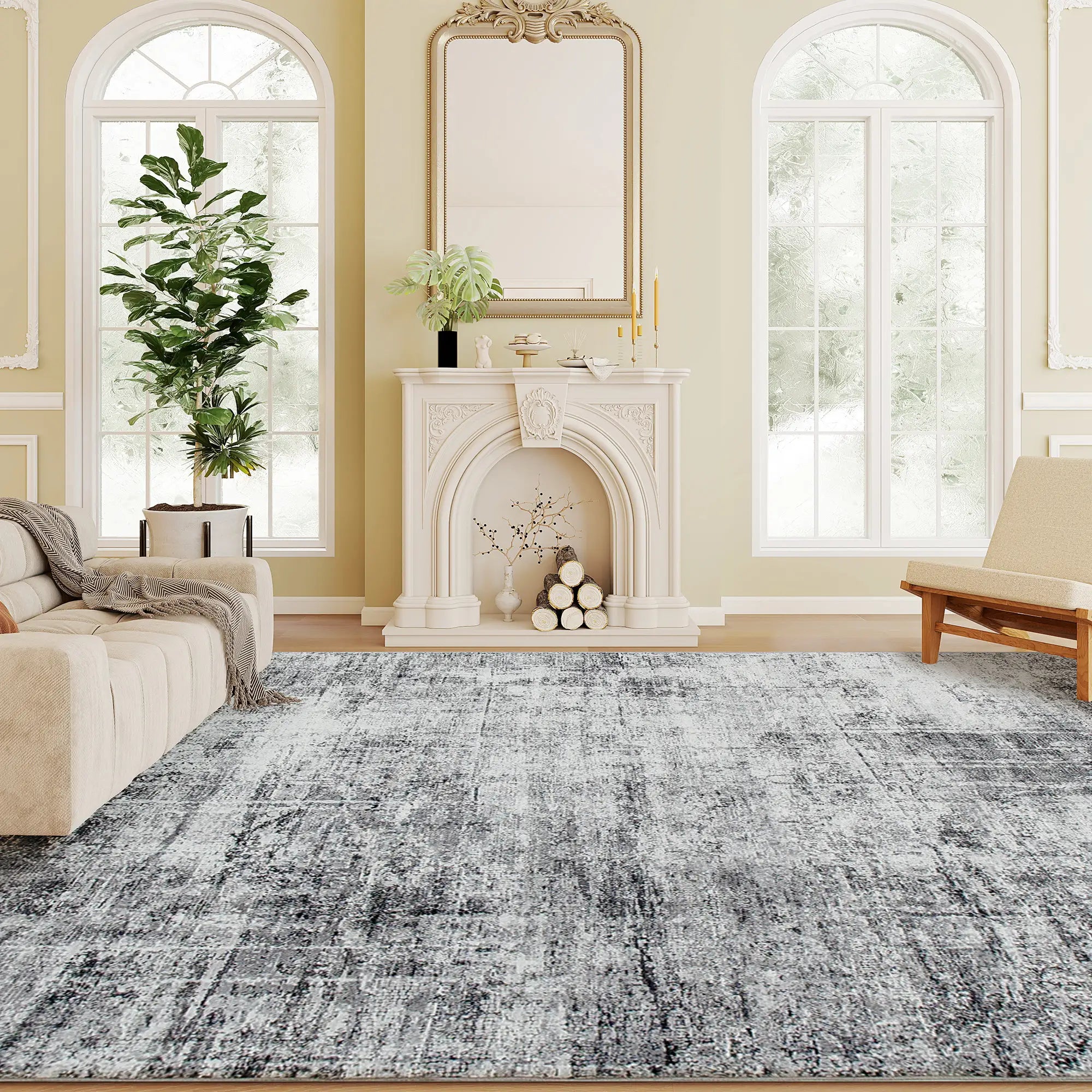 Modern Abstract Area Rug 8x10, Machine Washable, Non-Slip, Grey Living Room Furniture at Gallery Canada