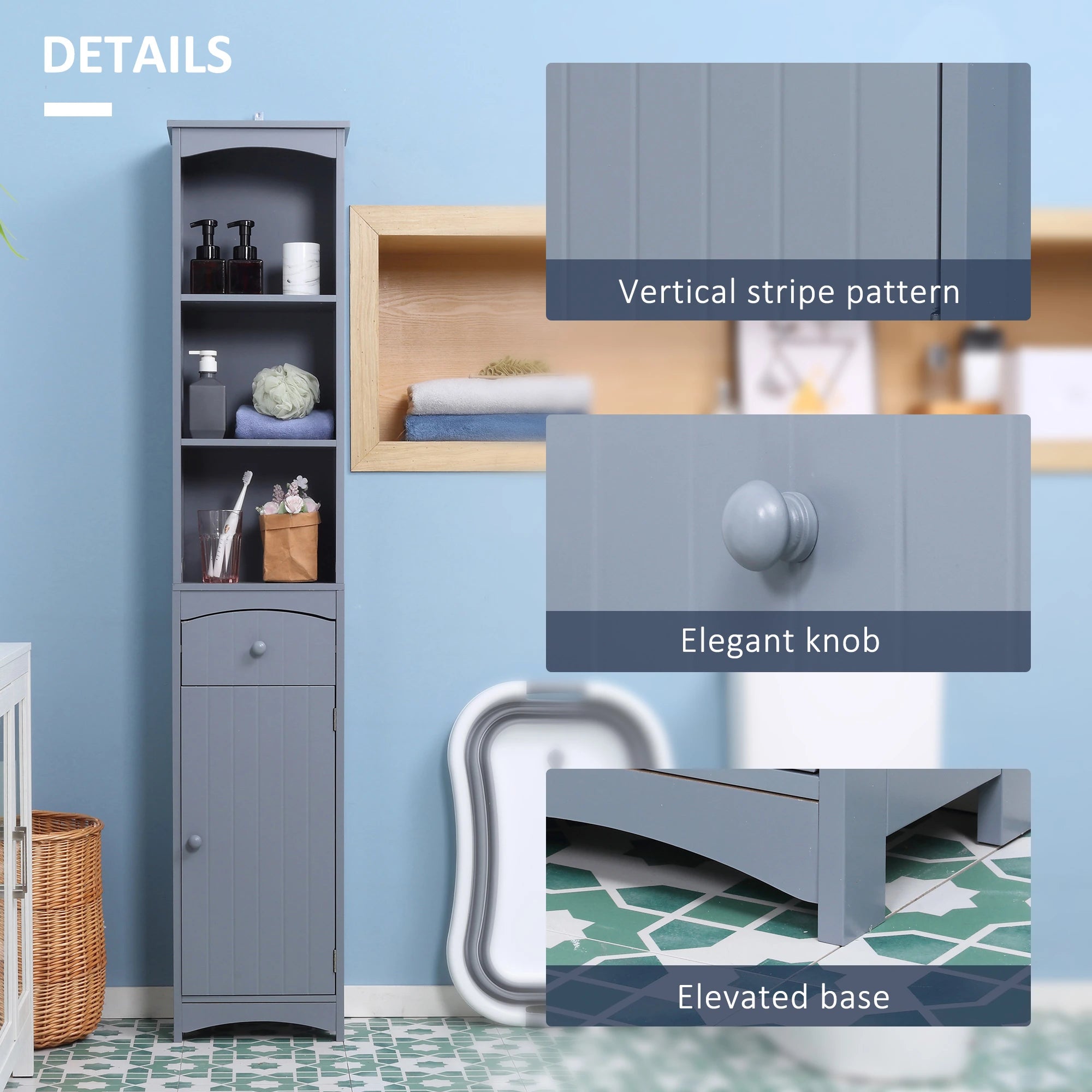 Tall Bathroom Storage Cabinet, 3-Tier Shelves with Drawer, Door, Grey Bathroom Cabinets at Gallery Canada