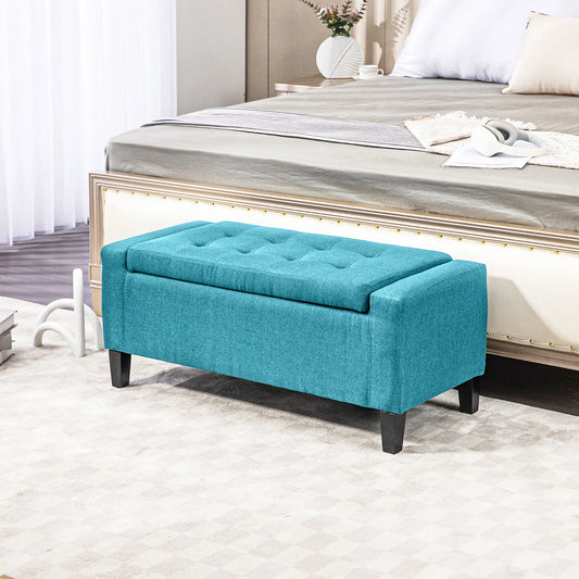 Linen Upholstered Storage Ottoman Bench, Tufted Design, Green Storage Ottomans & Benches Green at Gallery Canada